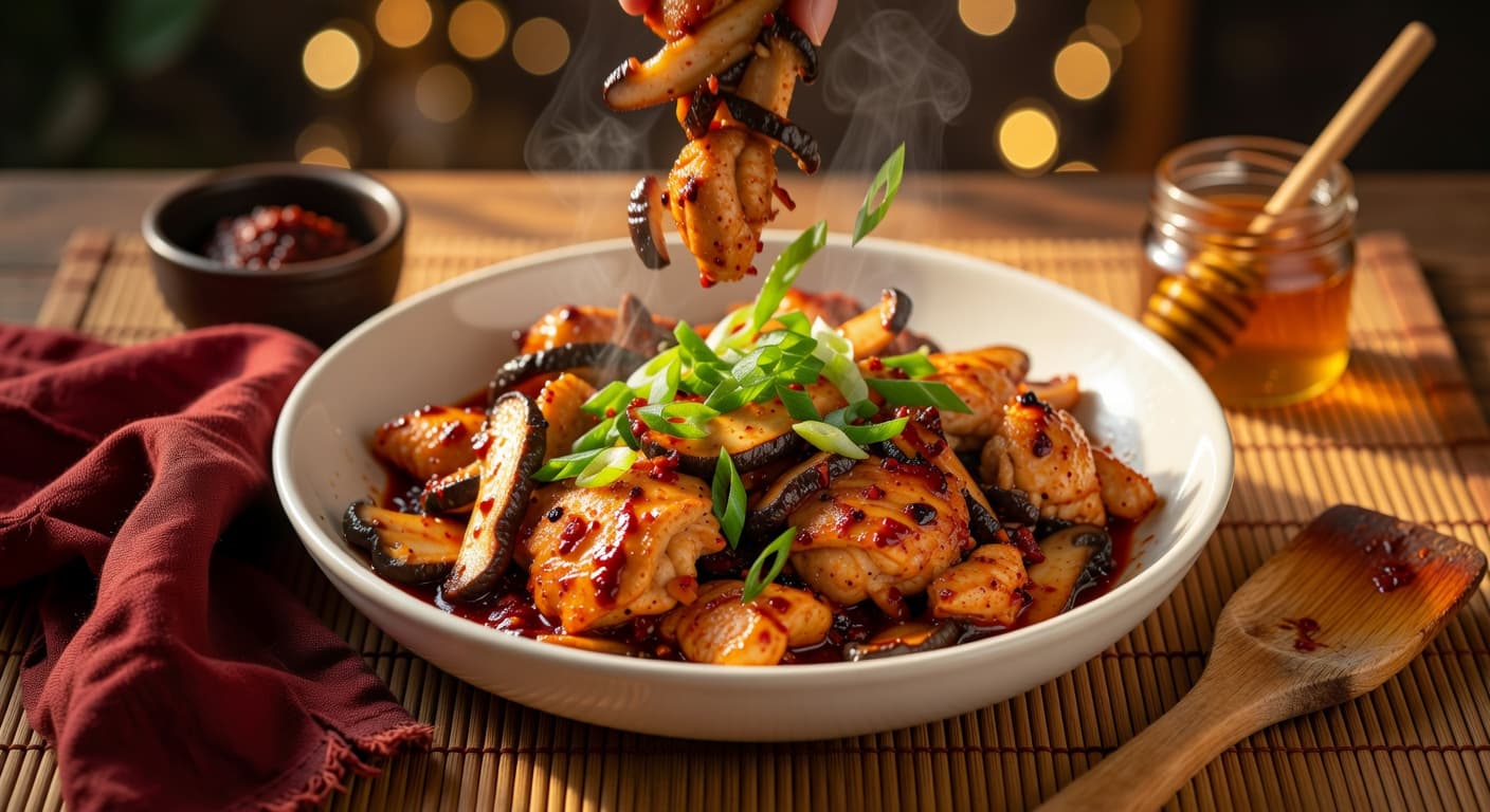 **Finish and garnish while preparing Korean Dakgalbi-Style Spicy Chicken & Mushroom Stir-Fry