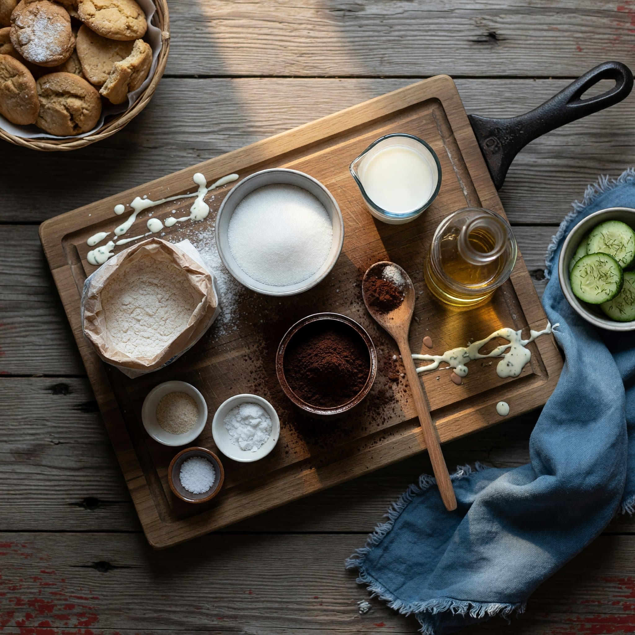 Overhead view of All-Purpose Flour, Granulated Sugar, Unsweetened Cocoa Powder, Baking Powder, Baking Soda, Salt, Milk and Vegetable Oil arranged on a table