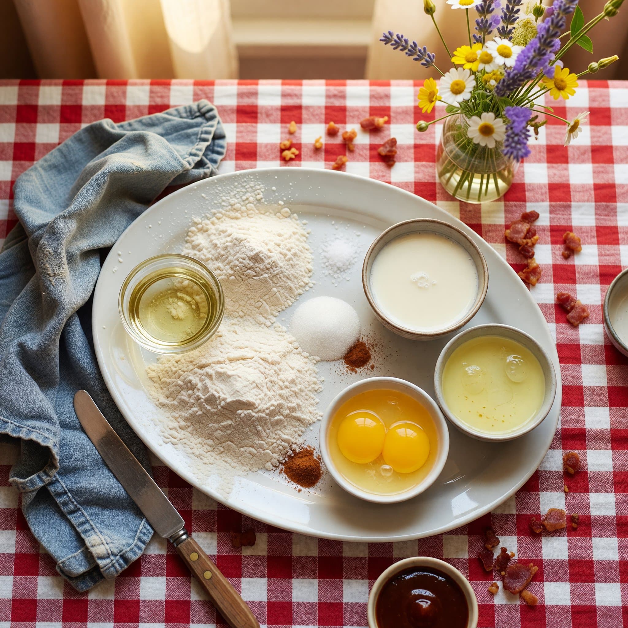 Overhead view of All-Purpose Flour, Baking Powder, Sugar, Salt, Cinnamon, Eggs (Separated), Vegetable Oil and Milk arranged on a table