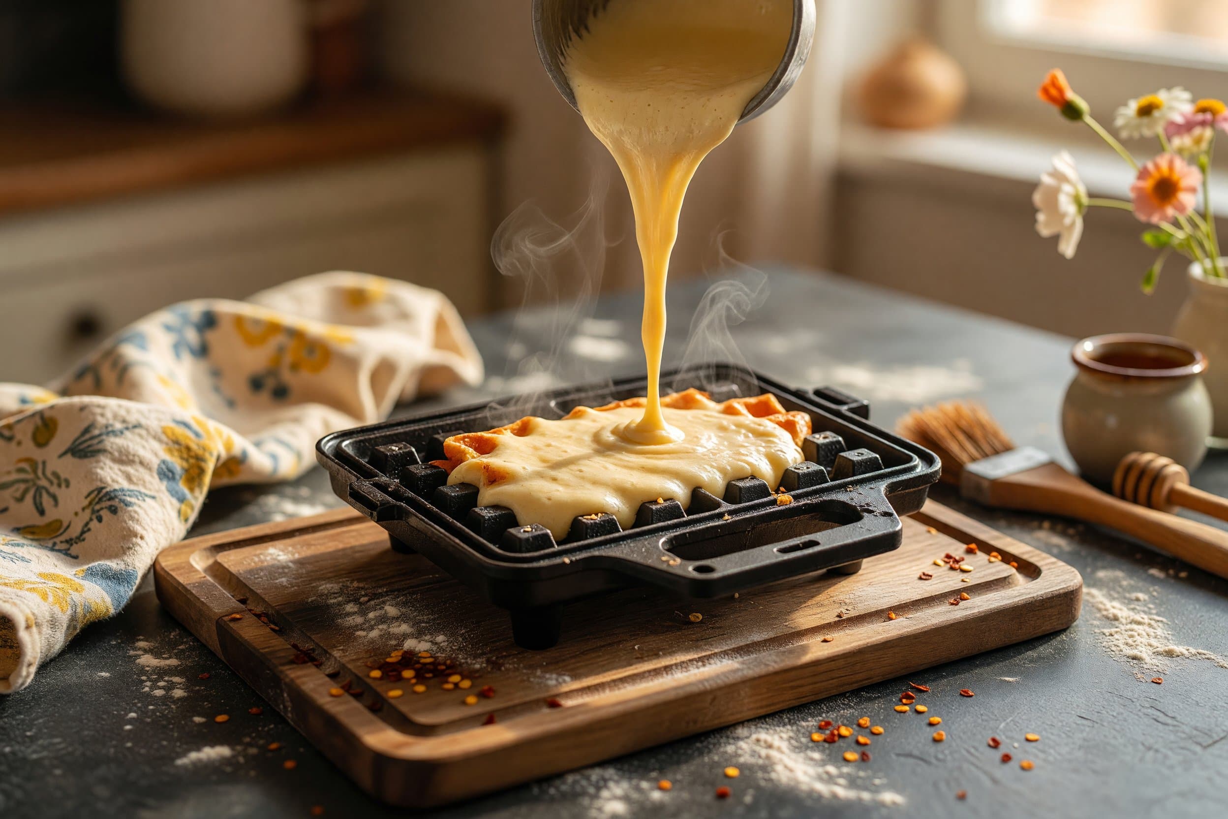 Pour the batter onto your hot waffle iron and cook according to manufacturer's d while preparing Homemade Belgian Waffle Recipe