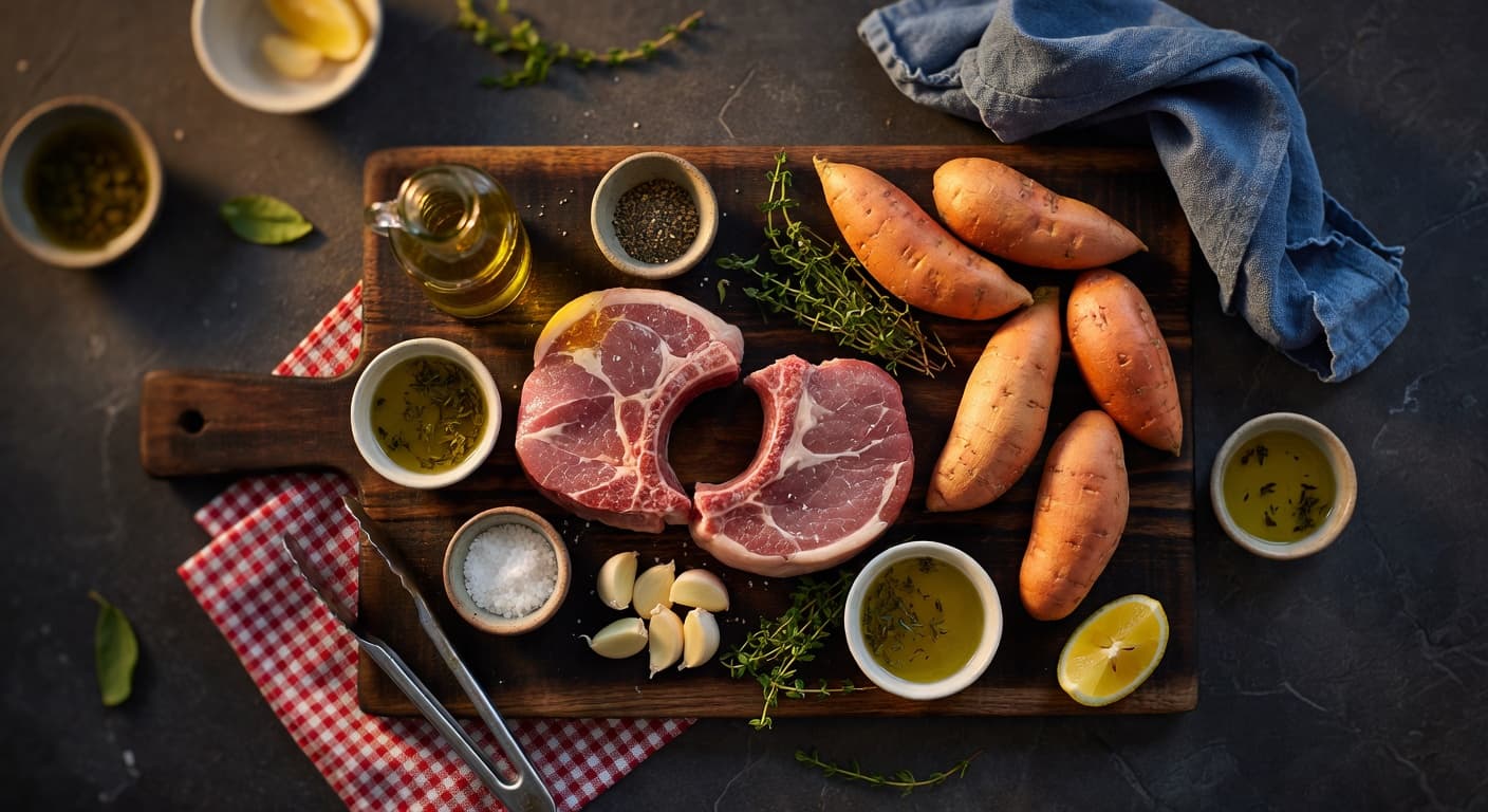 Overhead view of Pork Chops, Olive Oil, Sea Salt, Black Pepper, Fresh Thyme, Garlic, Sweet Potatoes and Olive Oil arranged on a table