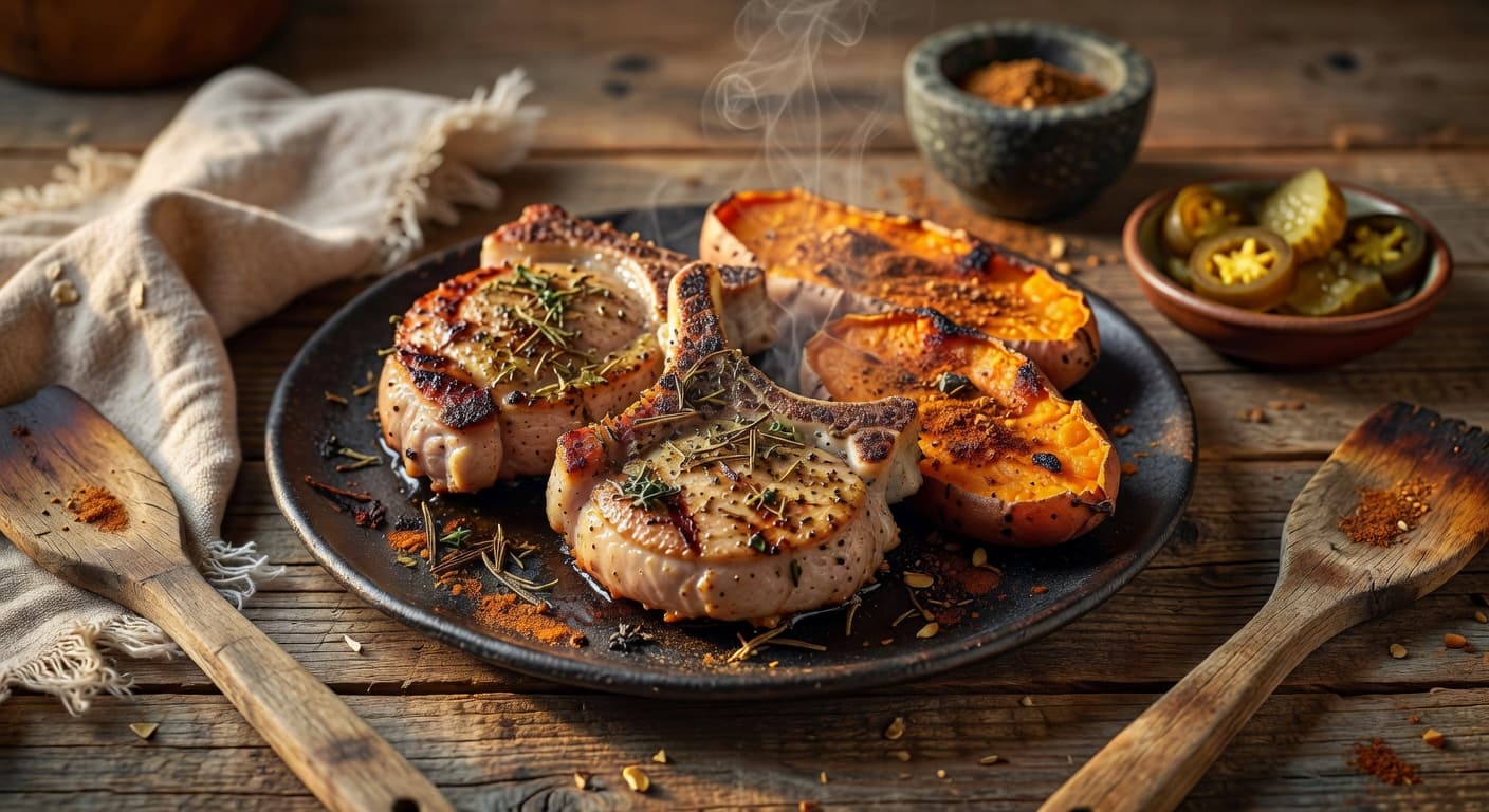 Serve the pork chops alongside your baked seasoned sweet potatoes while preparing Grilled Pork Chops with Baked Seasoned Sweet Potatoes