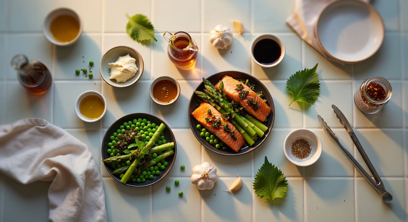 Overhead view of White Miso Paste, Mirin, Soy Sauce, Sesame Oil, Honey, Garlic, Salmon Fillets and Olive Oil arranged on a table