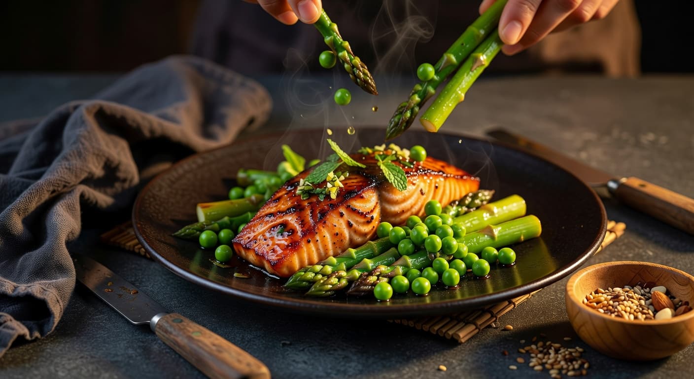 **Plate and serve:** Divide the sautéed asparagus and peas between two plates while preparing Japanese Miso-Glazed Salmon with Asparagus, Peas & Mint Gremolata