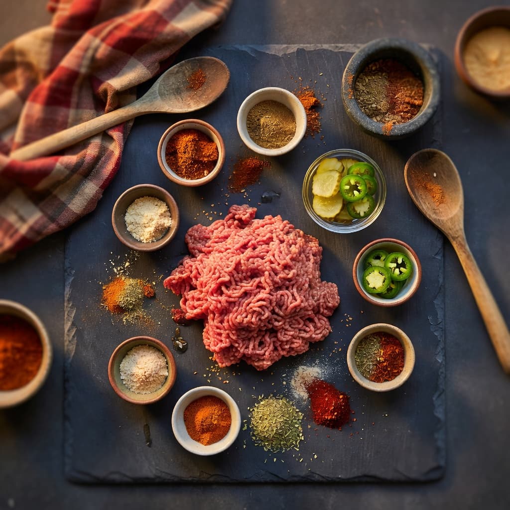 Overhead view of Ground Beef, Chili Powder, Cumin, Garlic Powder, Onion Powder, Smoked Paprika, Dried Oregano and Cayenne Pepper arranged on a table