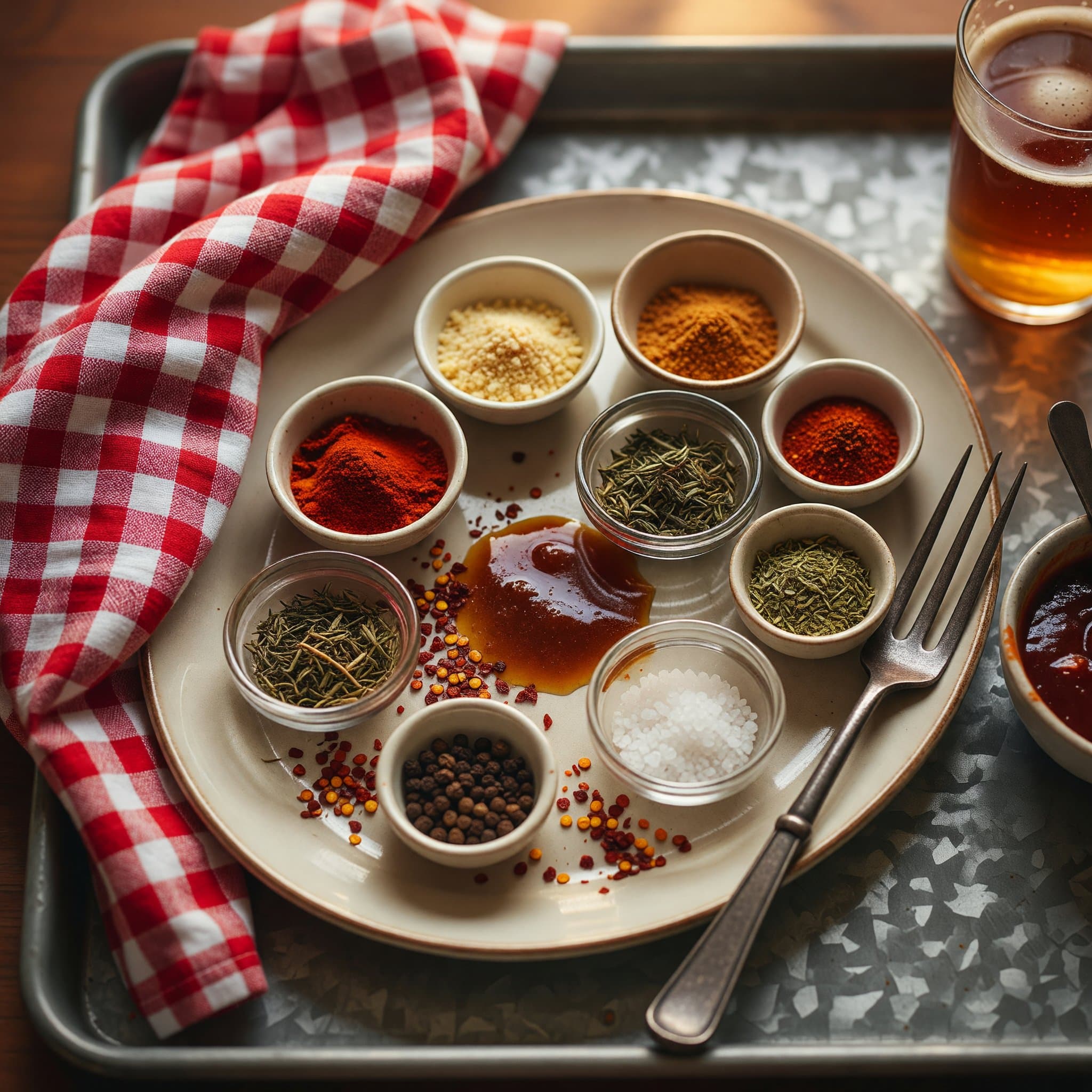Overhead view of Paprika, Garlic Powder, Onion Powder, Cayenne Pepper, Dried Thyme, Dried Oregano, Salt and Black Pepper arranged on a table