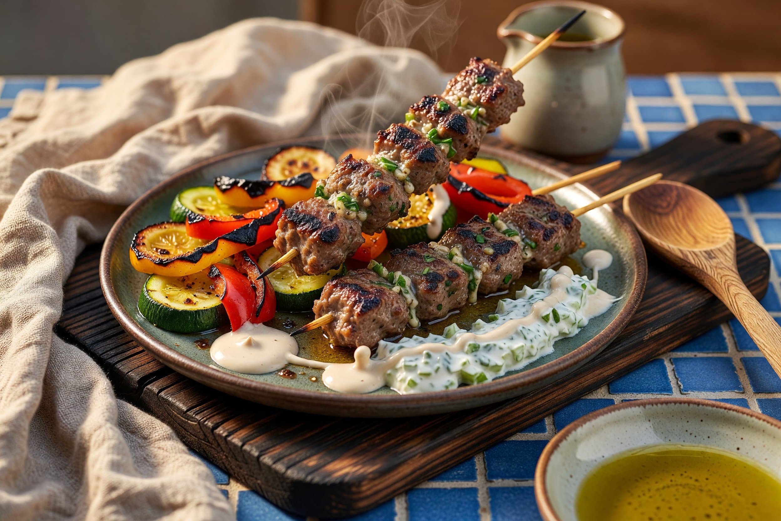 Transfer your kofta and grilled vegetables to a serving plate while preparing Grilled Lamb Kofta with Tzatziki & Charred Vegetables