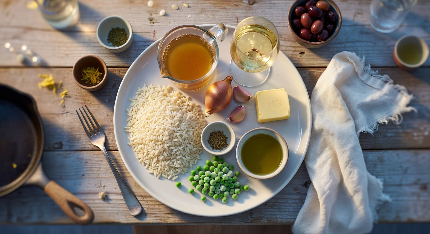 Overhead view of Arborio Rice, Chicken Broth, Dry White Wine, Shallot, Garlic, Butter, Olive Oil and Frozen Peas arranged on a table
