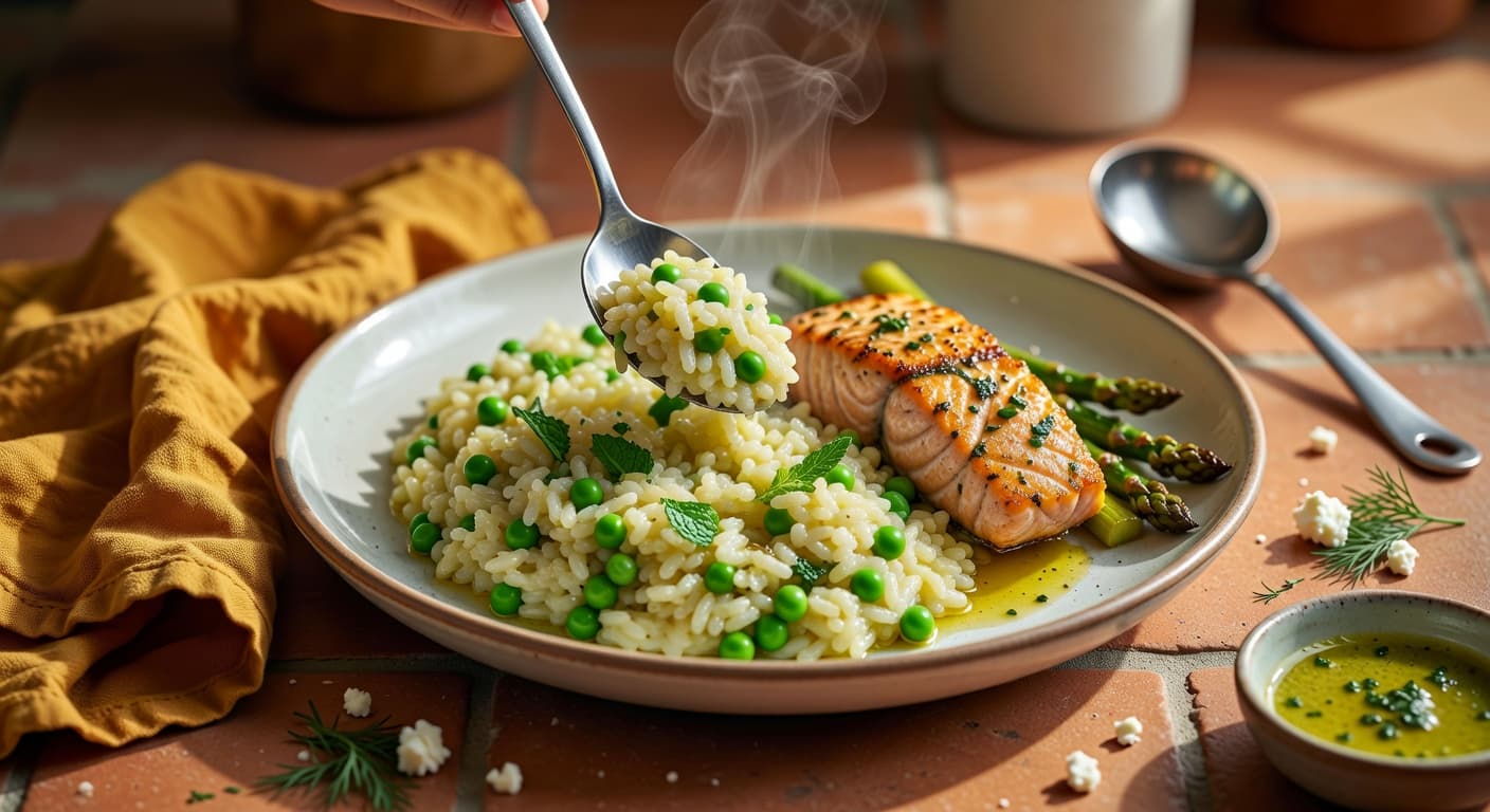 To plate, spoon a generous mound of pea-mint risotto into the center of each bow while preparing Lemon-Herb Salmon with Asparagus & Pea Mint Risotto