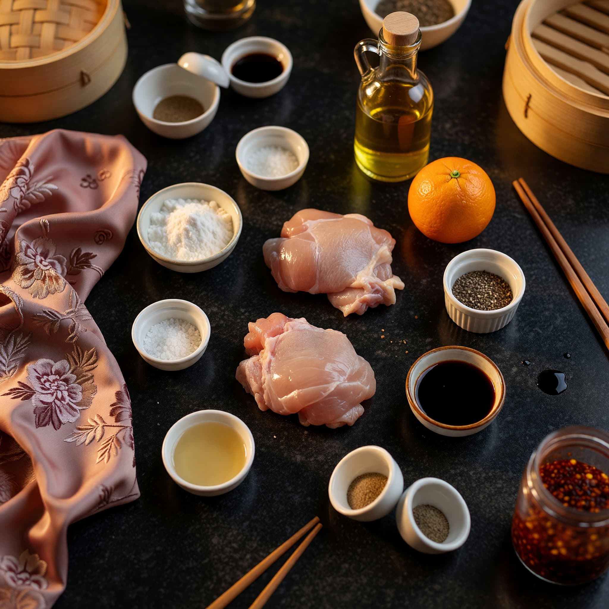 Overhead view of Chicken Thighs, Cornstarch, Salt, Black Pepper, Vegetable Oil, Orange, Soy Sauce and Rice Vinegar arranged on a table