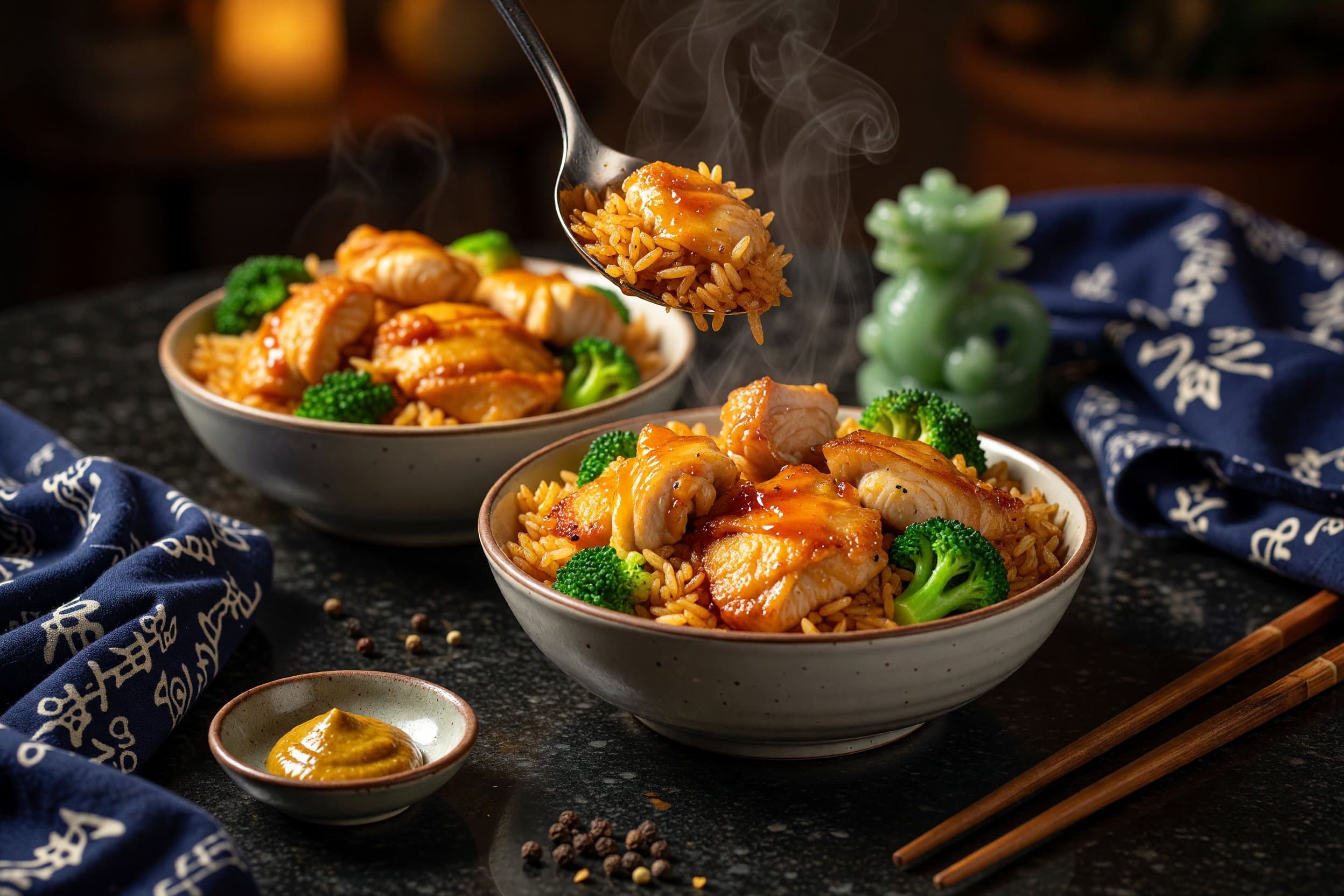 Divide fried rice between two bowls or plates while preparing Orange Chicken with Broccoli & Fried Rice