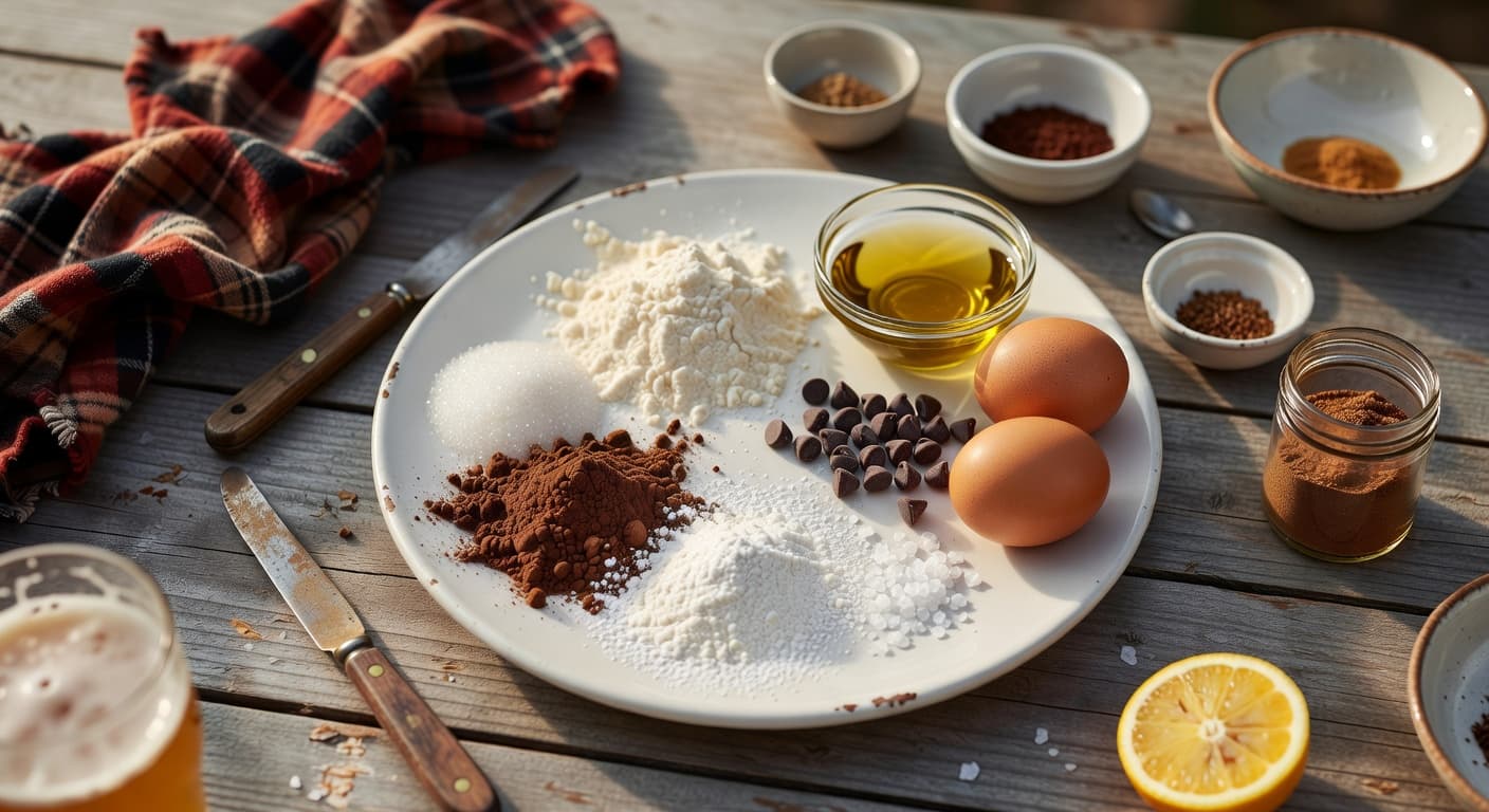 Overhead view of Granulated Sugar*, All-Purpose Flour, Cocoa Powder, Powdered Sugar, Dark Chocolate Chips, Sea Salt, Eggs and Canola Oil Or Extra-Virgin Olive Oil** arranged on a table