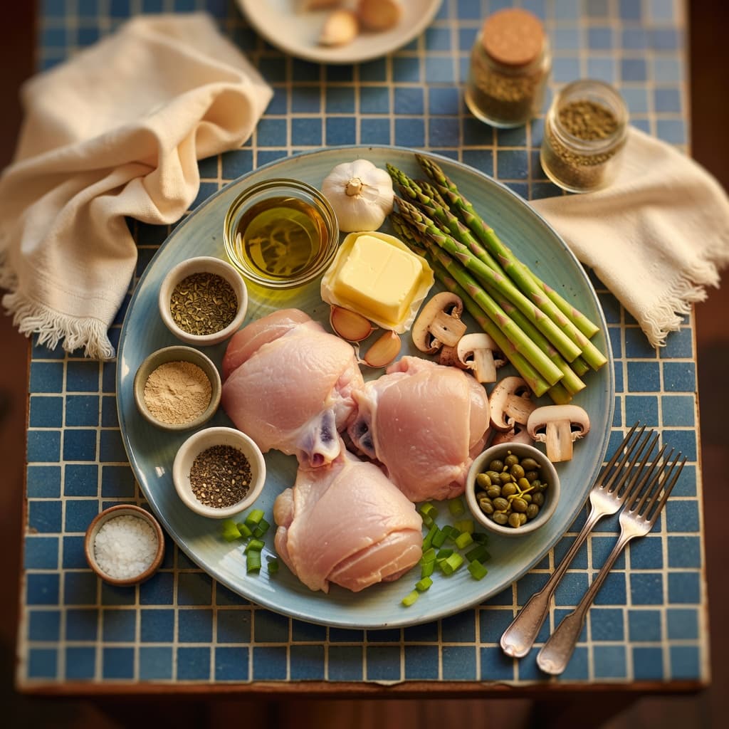 Overhead view of Bone-In Skin-On Chicken Thighs, Olive Oil, Dried Oregano, Garlic Powder, Black Pepper, Kosher Salt, Butter and Garlic arranged on a table