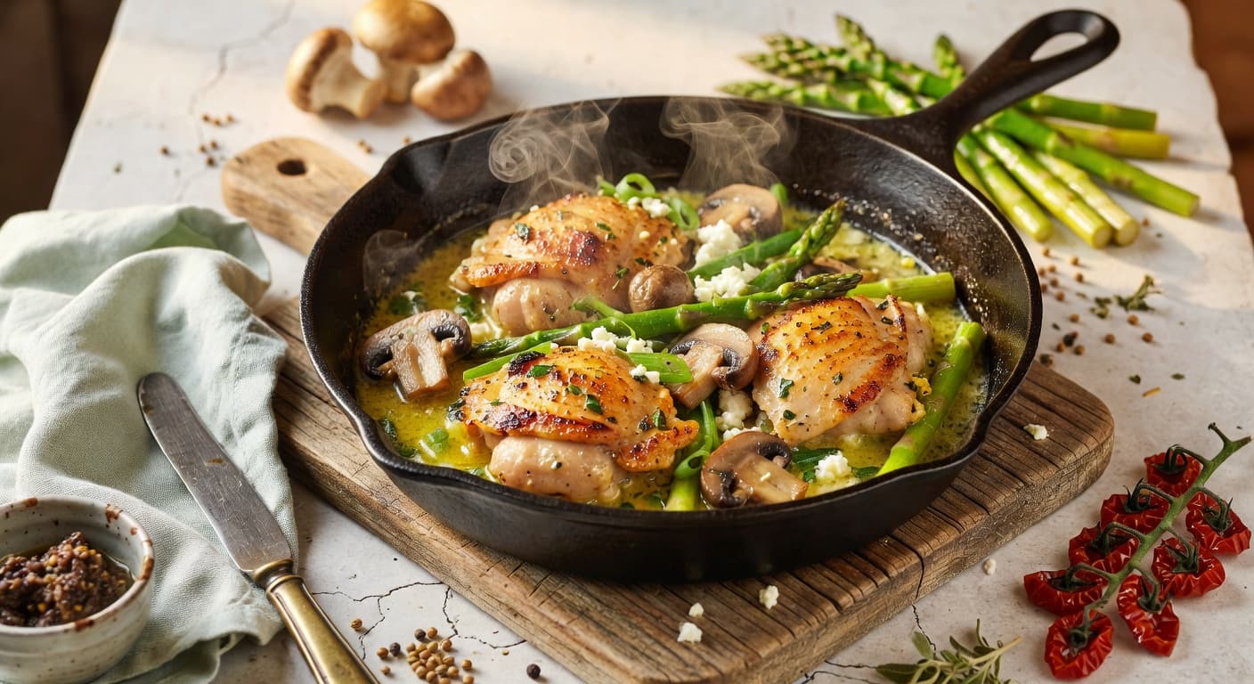 Remove the pan from heat while preparing Greek-American Lemon-Herb Chicken with Mushrooms, Asparagus & Scallion Butter