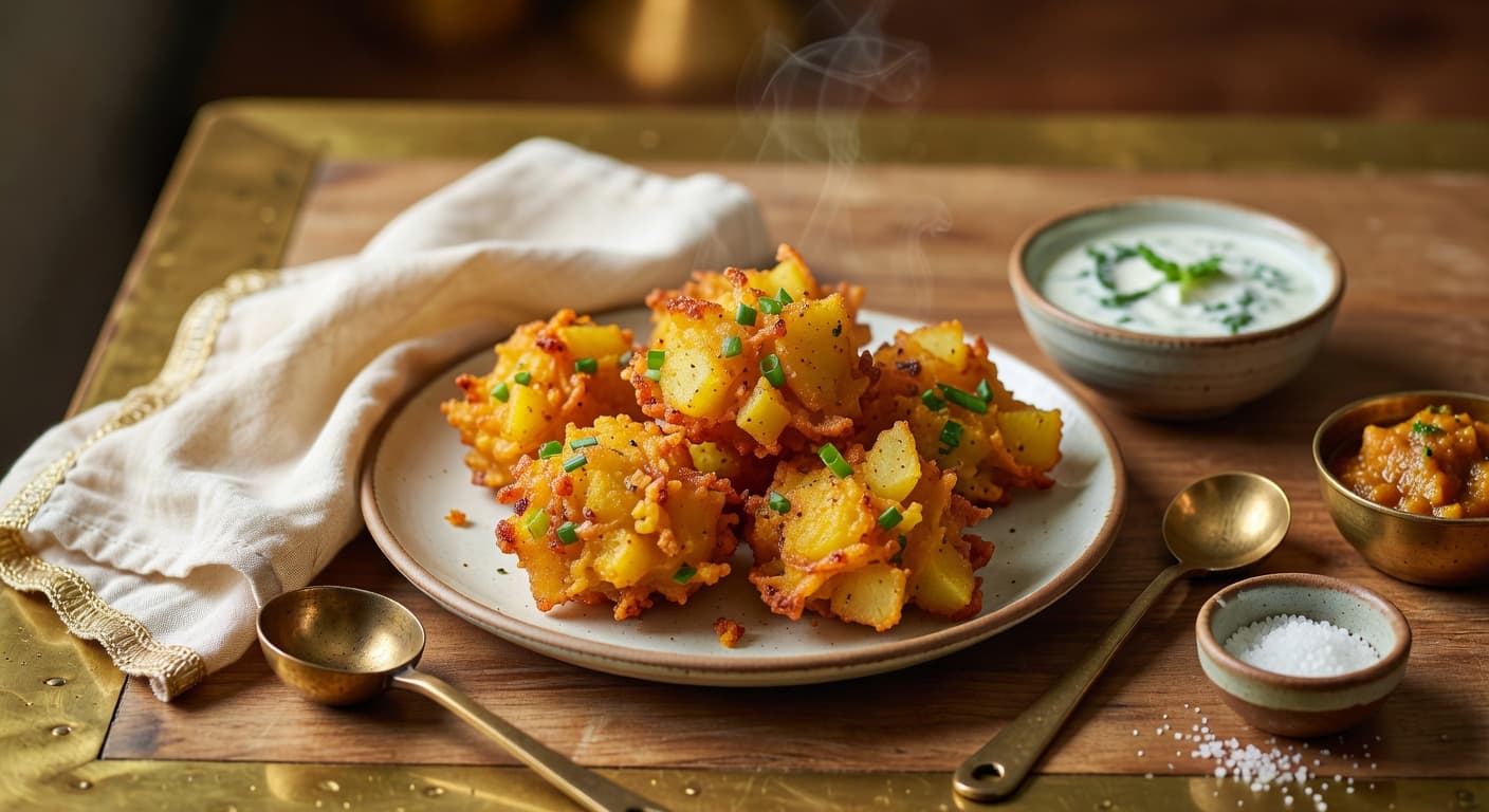 Serve warm pakora immediately with the mint-yogurt sauce on the side while preparing Crispy Potato & Scallion Pakora with Mint Yogurt Sauce