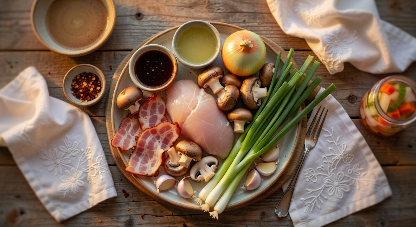 Overhead view of Chicken Breast, Bacon, Mushroom, Onion, Scallion, Garlic, Fish Sauce and Lime Juice arranged on a table