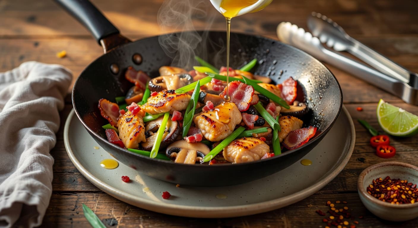 Taste and adjust seasoning with additional salt, fish sauce, or lime juice as de while preparing Vietnamese Chicken & Mushroom Stir-Fry with Crispy Bacon & Scallion