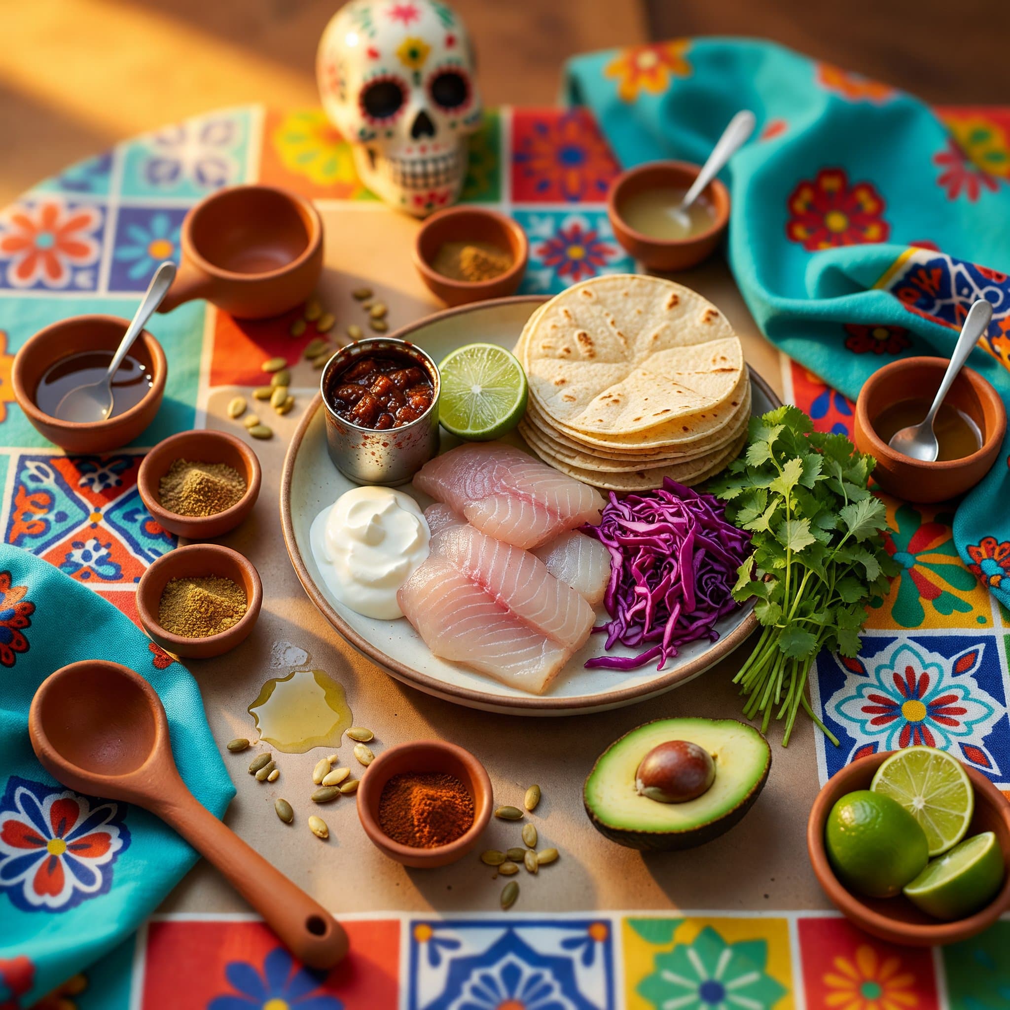 Overhead view of Mahi-Mahi Fillets, Sour Cream, Chipotle Peppers In Adobo Sauce, Lime, Corn Tortillas, Red Cabbage, Fresh Cilantro and Avocado arranged on a table