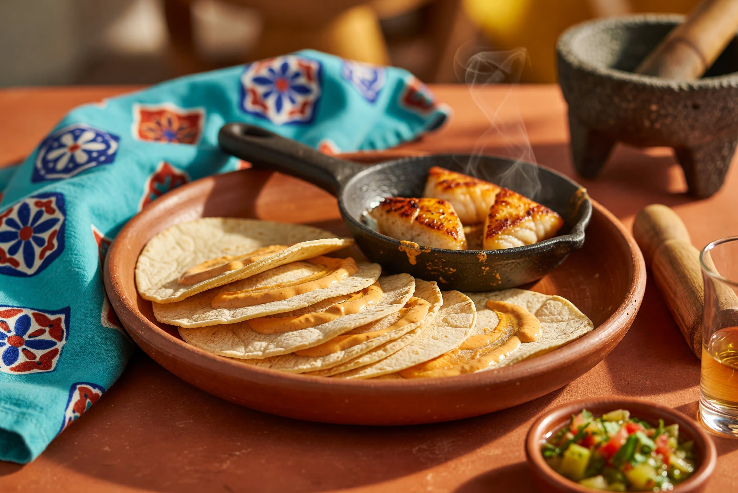 Assemble the tacos by spreading a thin layer of chipotle crema on each tortilla, while preparing Pan-Seared Fish Tacos with Chipotle Crema