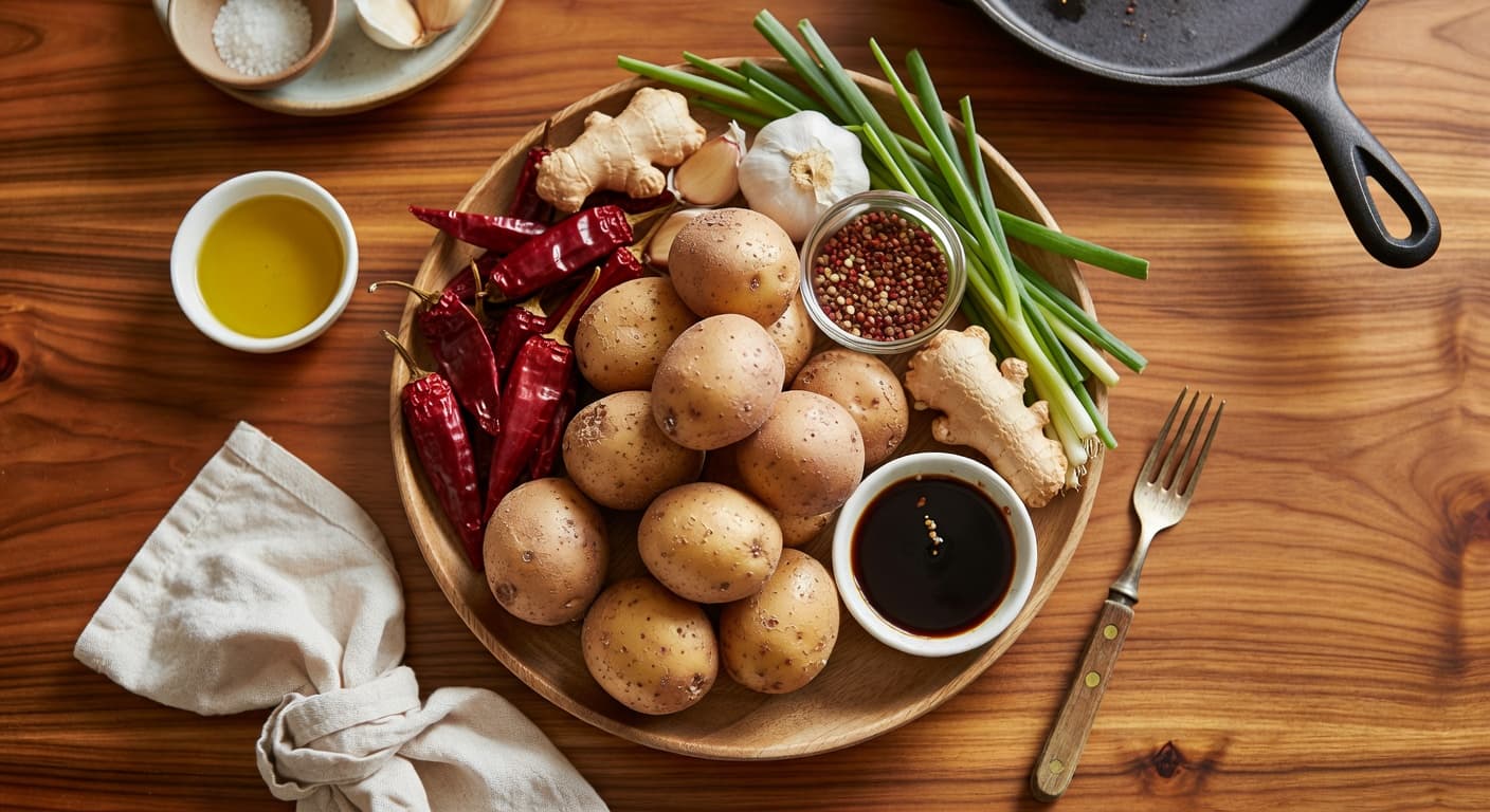 Overhead view of Russet Potatoes, Vegetable Oil, Sichuan Peppercorns, Dried Red Chilies, Garlic, Fresh Ginger, Sea Salt and Fresh Scallions arranged on a table