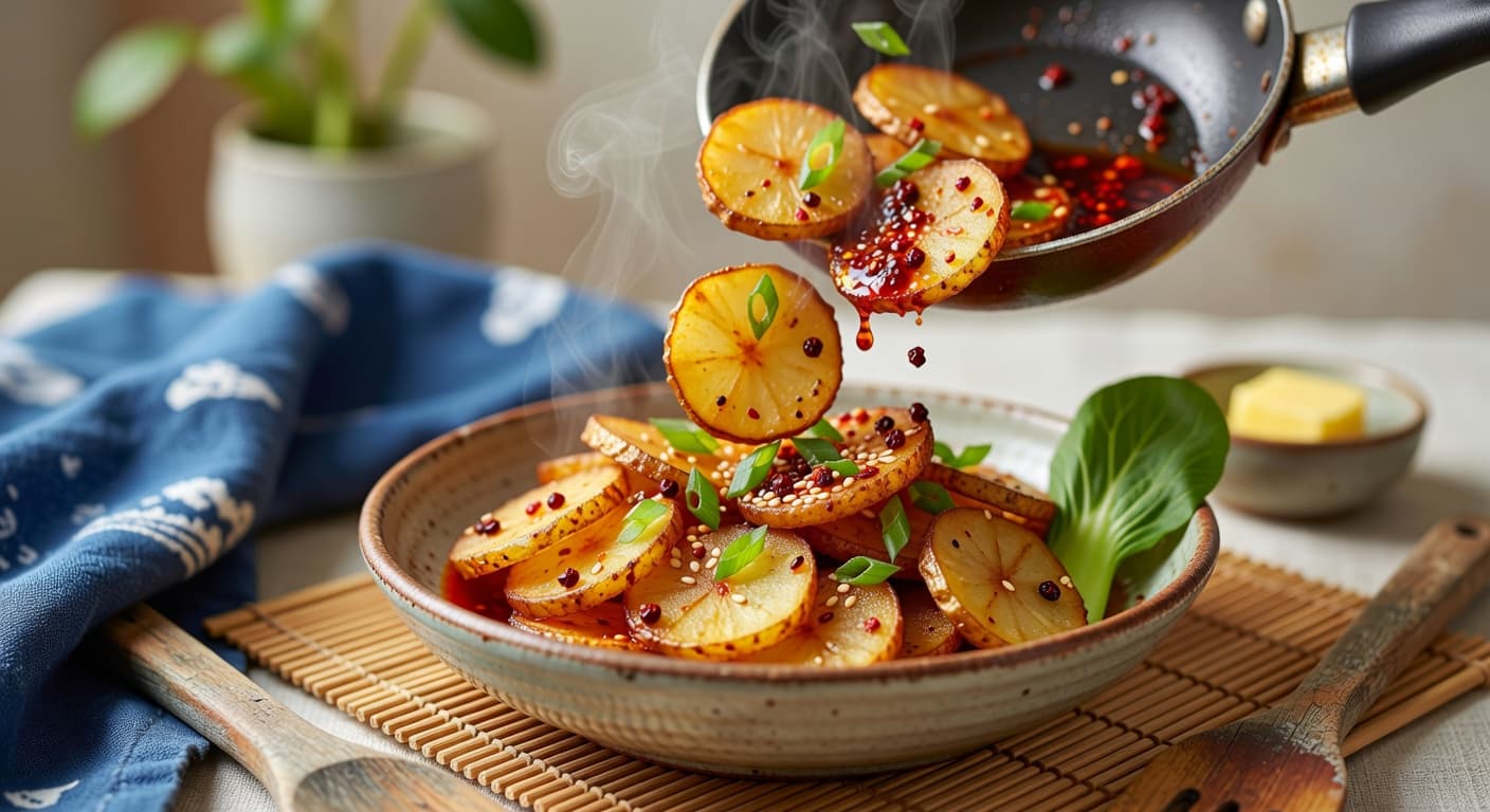 Transfer to a serving bowl and garnish with sliced scallions and sesame seeds if while preparing Crispy Chili Oil Potato Coins with Sichuan Peppercorn