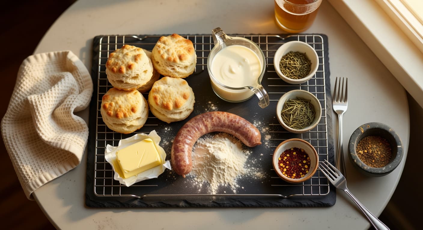 Overhead view of Flakey Buttermilk Biscuits, Pork Sausage, All-Purpose Flour, Half Half, Butter, Dried Thyme, Dried Rosemary and Red Pepper Flakes arranged on a table