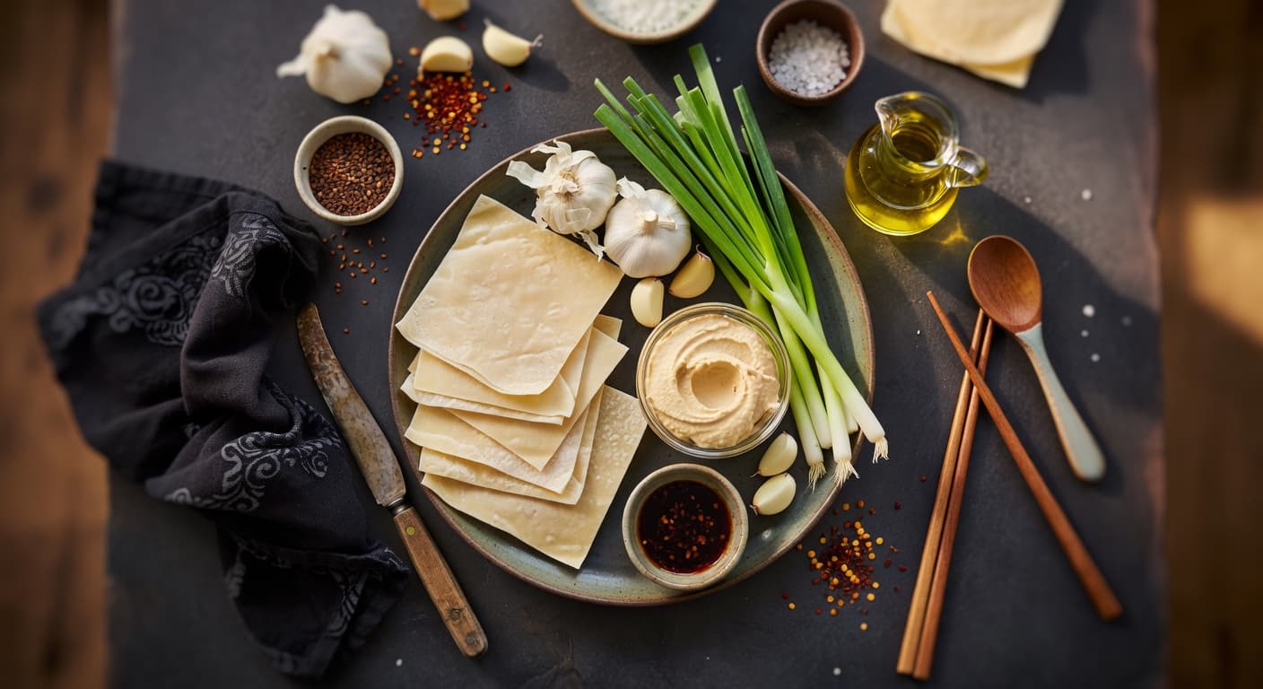 Overhead view of Wonton Wrappers, Hummus, Garlic, Scallions, Neutral Oil, Sesame Seeds, Red Pepper Flakes and Sea Salt arranged on a table