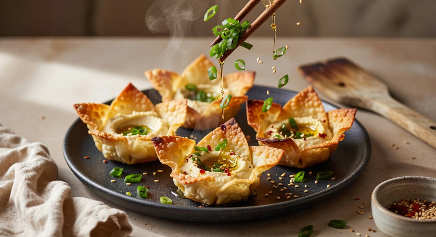 Finish with finely sliced dark green scallion parts for color and freshness while preparing Crispy Garlic Hummus Wonton Cups with Scallion Oil & Sesame