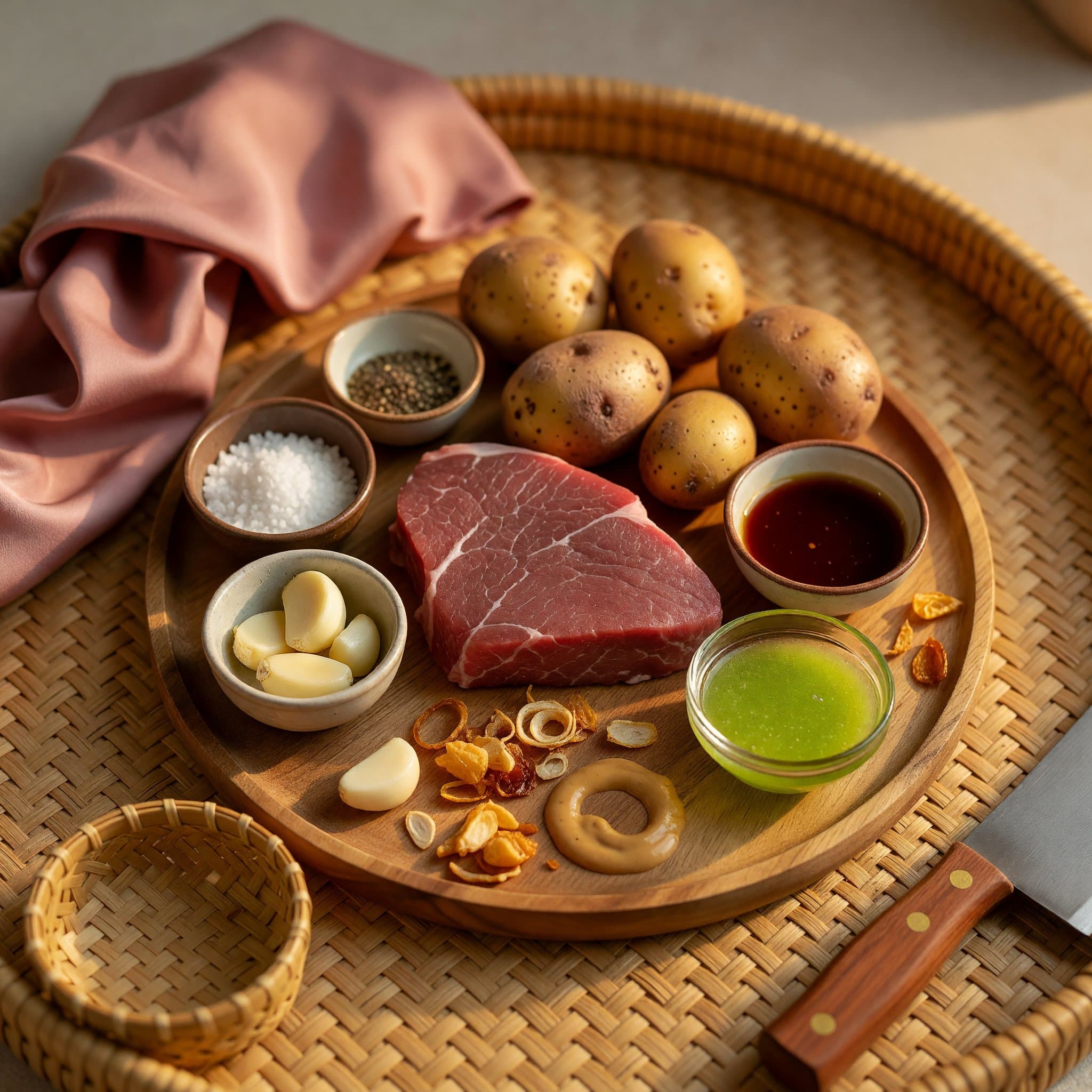 Overhead view of Beef Tenderloin Fillet, Russet Potatoes, Kosher Salt, Black Pepper, Garlic, Vegetable Oil, Fish Sauce and Fresh Lime Juice arranged on a table