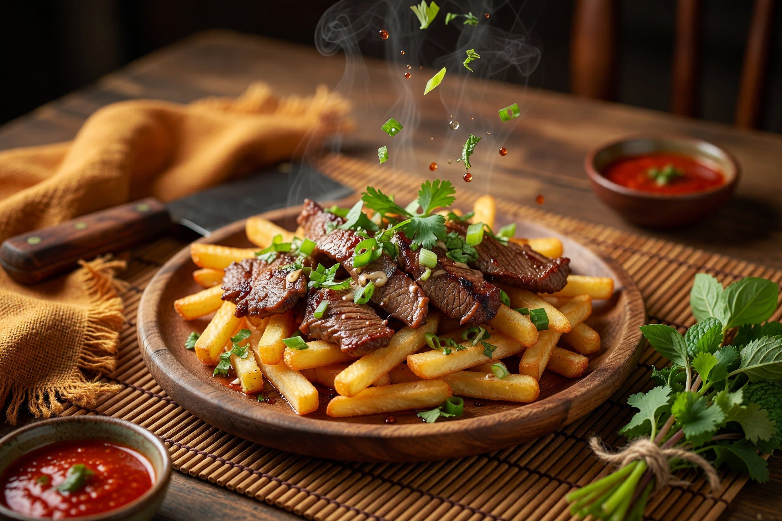 Garnish with fresh cilantro and sliced scallions while preparing Vietnamese Steak and Crispy Fries with Garlic Aioli