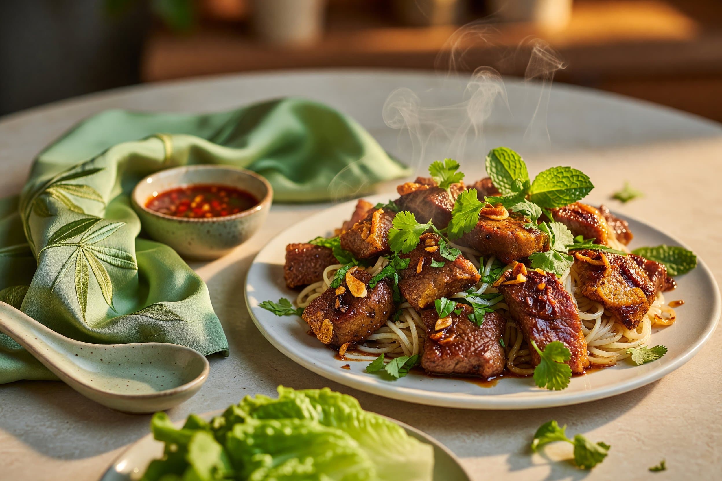 Serve over rice noodles if desired, garnished with fresh cilantro and mint while preparing Vietnamese Beef Pho-Inspired Cube Steak with Crispy Garlic and Herbs