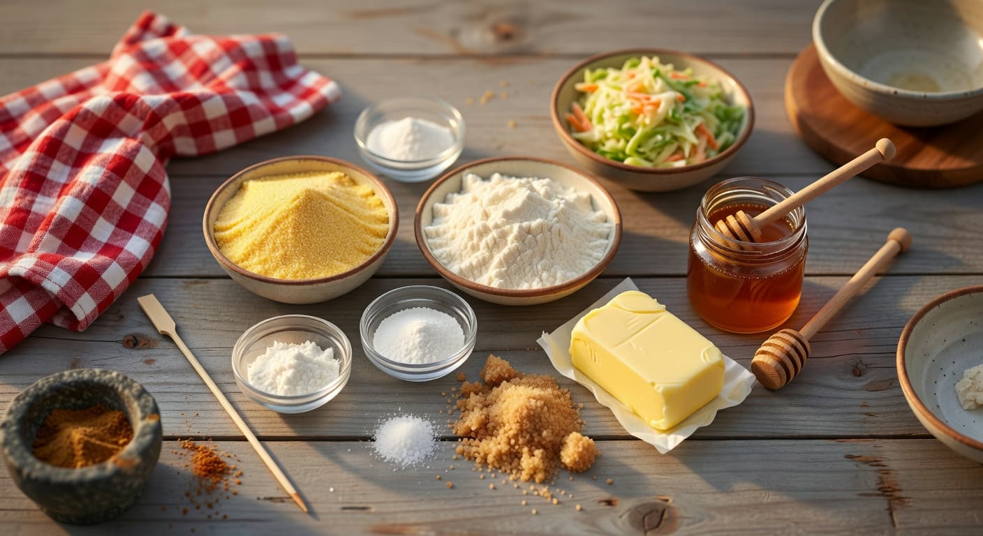 Overhead view of Fine Cornmeal, (125g) All-Purpose Flour (Spooned & Leveled), Baking Powder, Baking Soda, Salt, Unsalted Butter, Light Brown Sugar and Honey arranged on a table