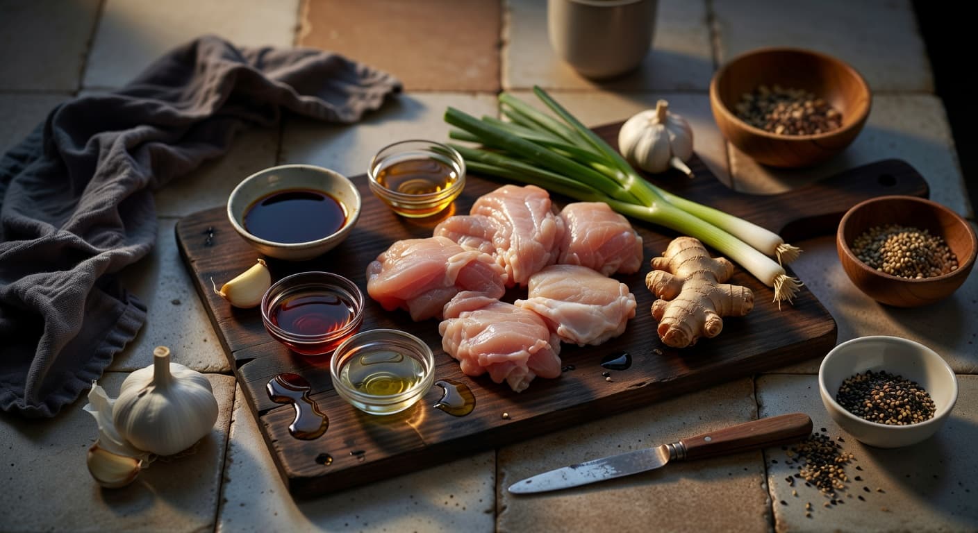 Overhead view of Chicken Thighs, Soy Sauce, Mirin, Sake, Garlic, Ginger, Scallions and Sesame Seeds arranged on a table