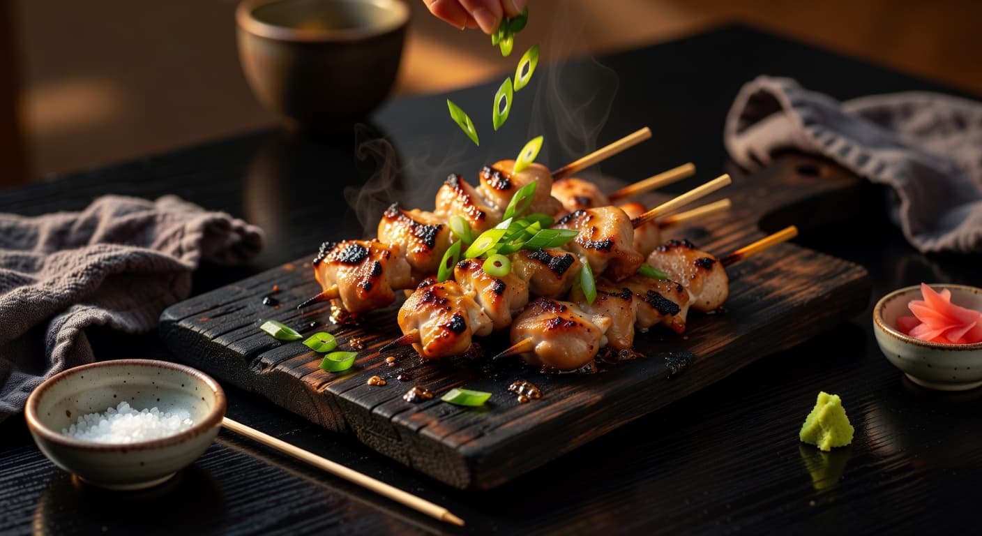 Transfer your skewers to a serving plate and garnish with sliced scallions and a while preparing Yakitori (Grilled Chicken Skewers)