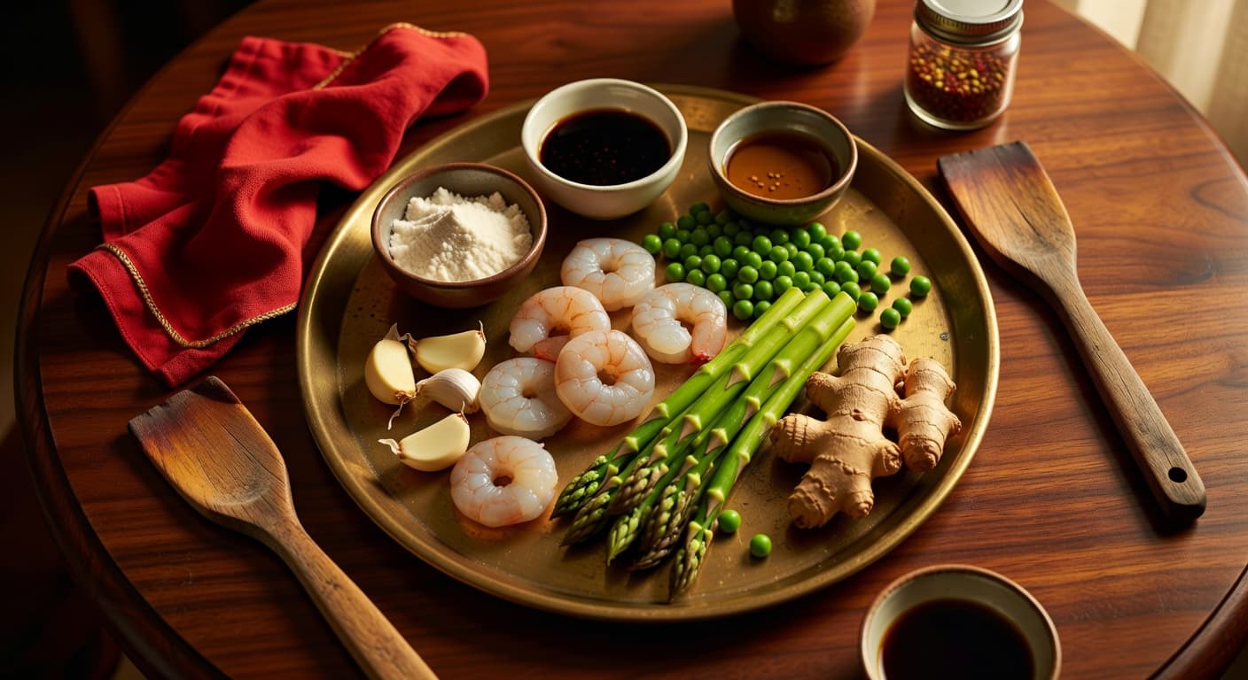 Overhead view of Shrimp, Soy Sauce, Cornstarch, Sesame Oil, Asparagus, Fresh Peas, Garlic and Fresh Ginger arranged on a table
