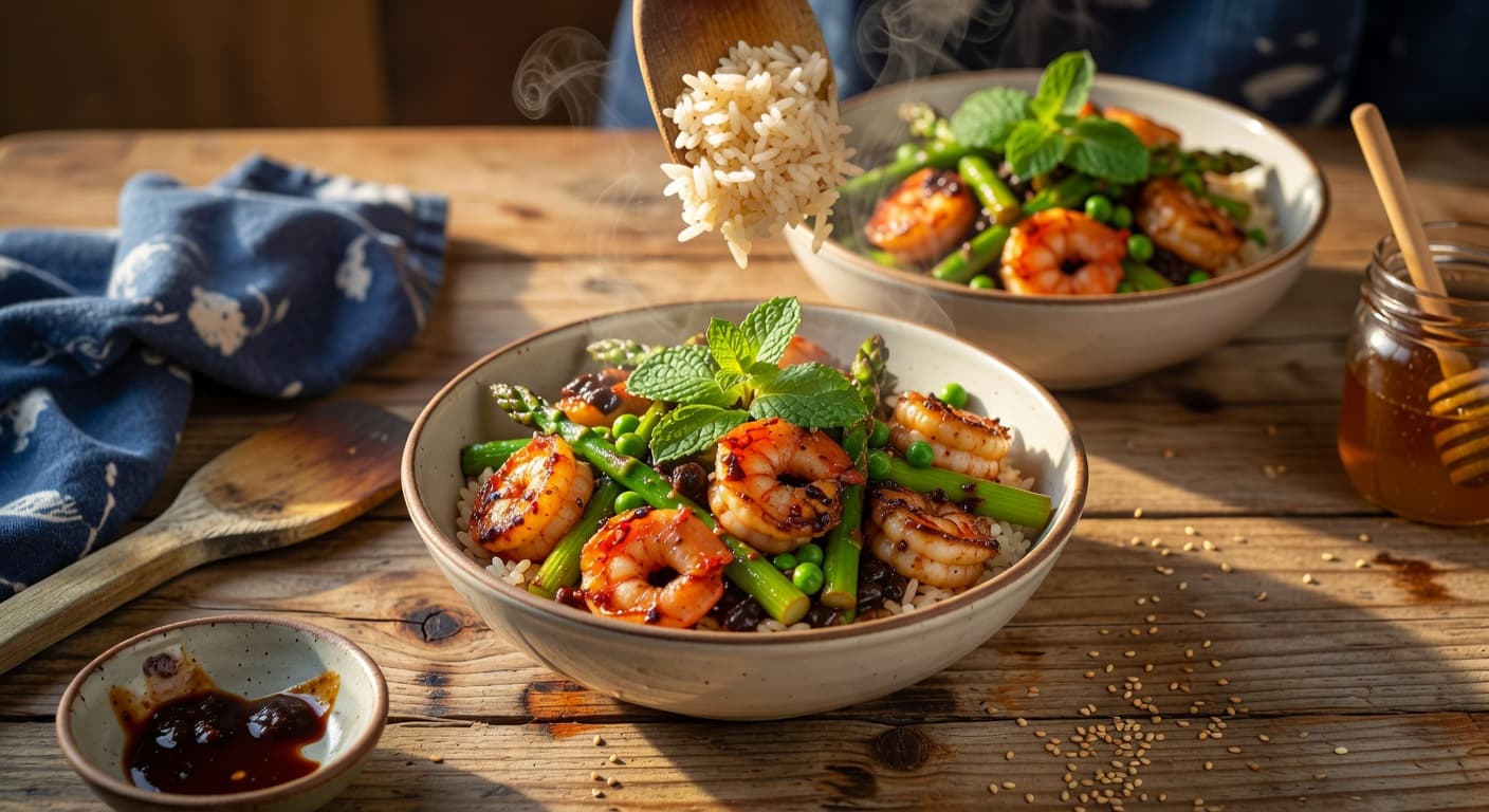 Divide the cooked jasmine rice between two bowls while preparing Sichuan-Style Wok-Seared Shrimp with Asparagus & Peas in Black Bean Sauce