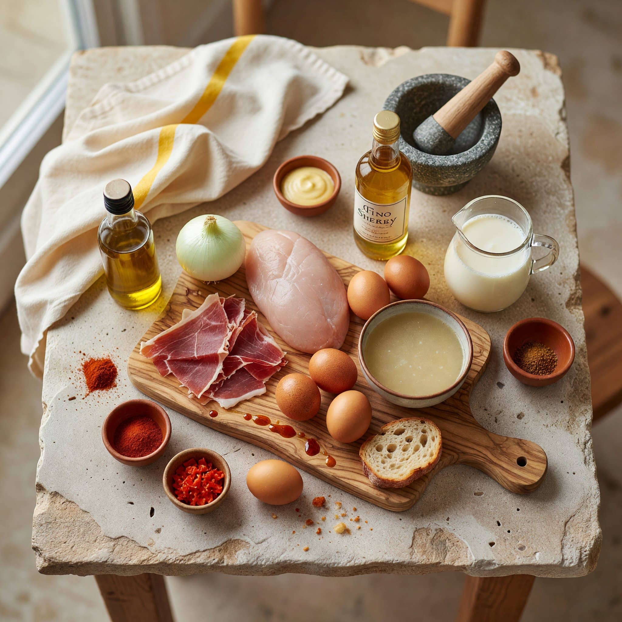Overhead view of Spanish Olive Oil, White Onion, Chicken Breast, Fino Sherry, Serrano Ham, Eggs, Chicken Stock and Whole Milk arranged on a table