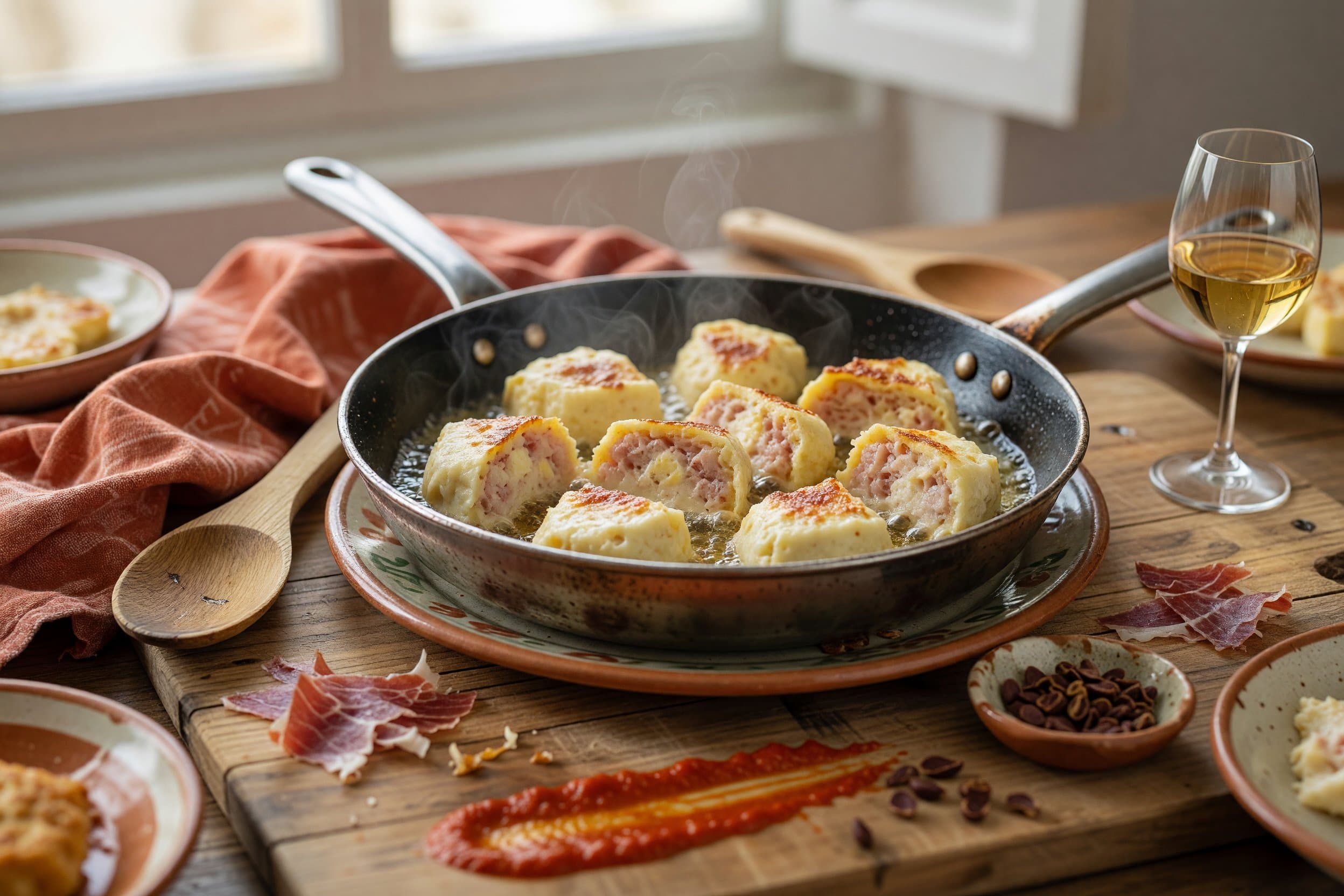 Heat the oil in a large frying pan/skillet or electric deep fat fryer to about 1 while preparing Croquetas de jamón, huevo y pollo (Ham, Egg & Chicken Croquettes)