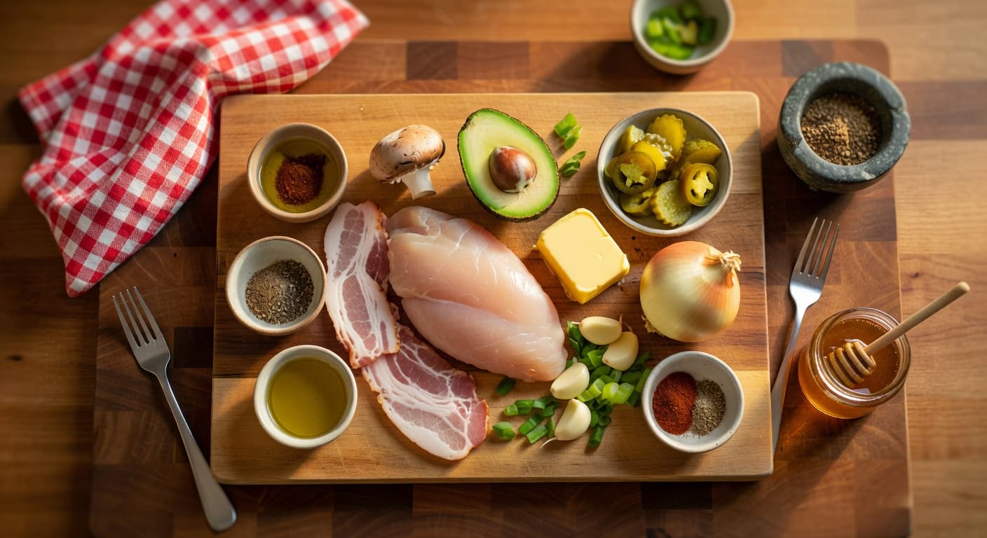 Overhead view of Chicken Breast, Bacon, Mushroom, Avocado, Butter, Onion, Garlic and Scallion arranged on a table