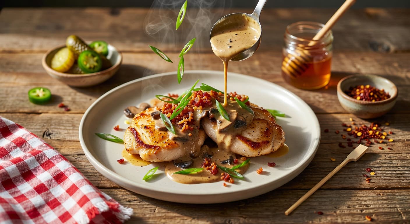 Serve immediately, garnished with scallion greens while preparing Pan-Seared Chicken with Mushroom-Avocado Butter & Crispy Bacon Crumble
