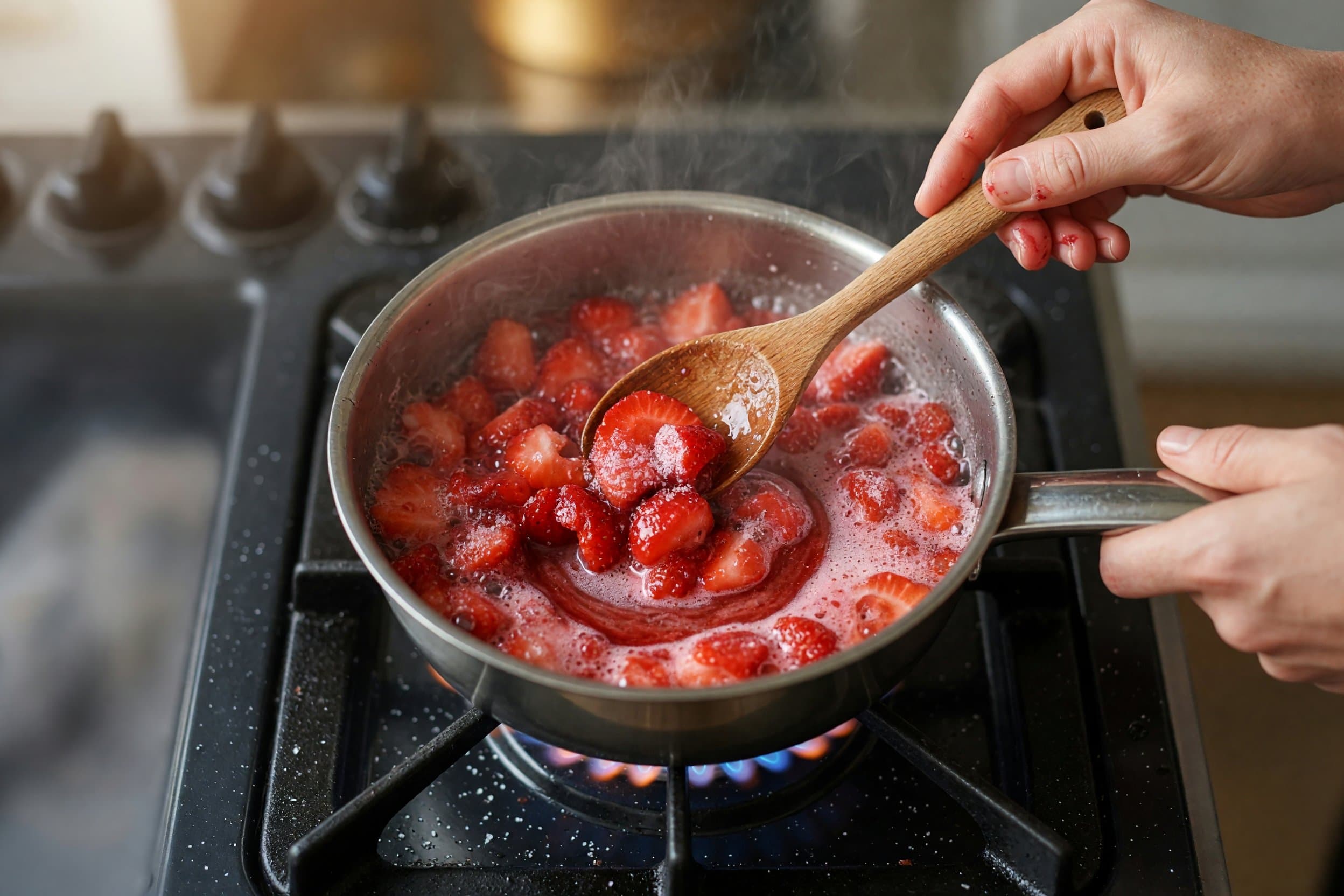 Stirring strawberries and sugar while preparing Strawberry Pie