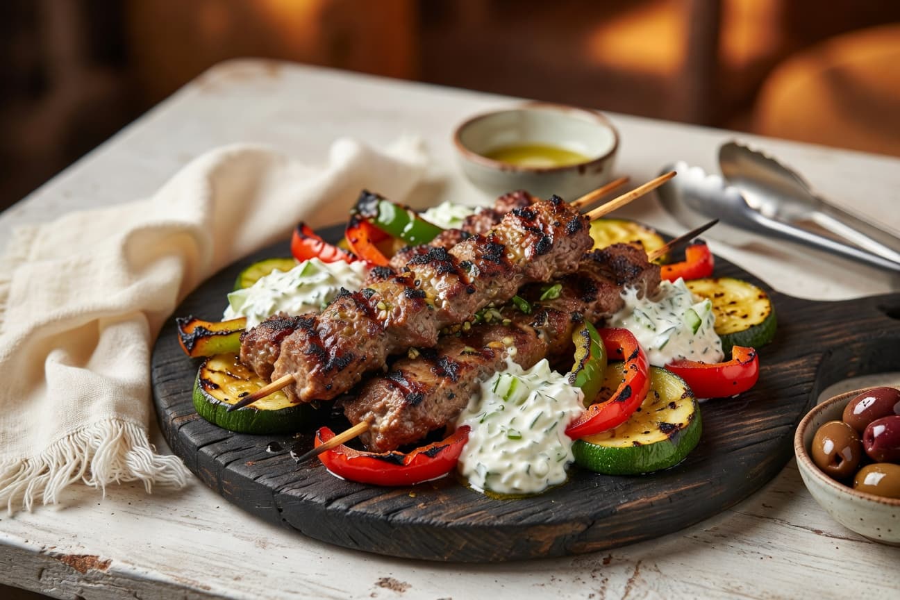 Grilled lamb kofta skewers with charred zucchini, bell pepper, and a bowl of cool tzatziki on the side.