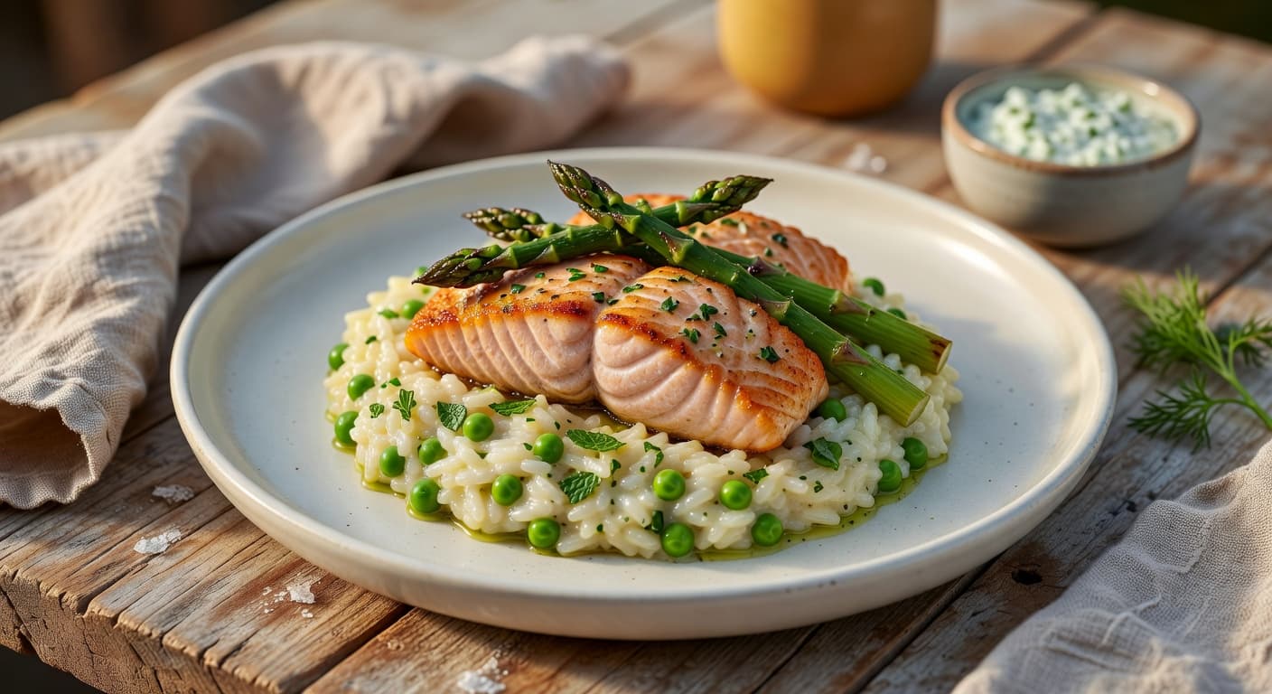Lemon-Herb Salmon with Asparagus & Pea Mint Risotto
