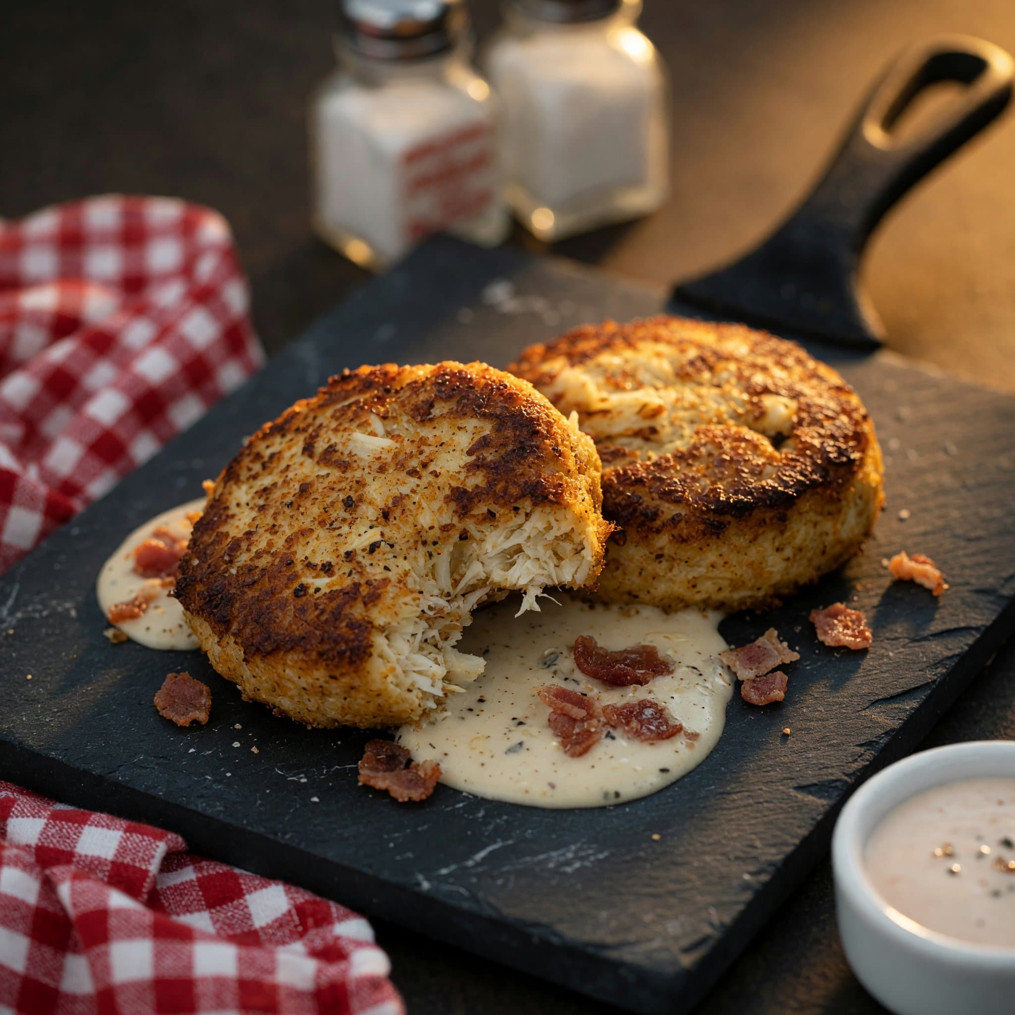 Golden-brown crab cakes fresh from the skillet, still crackling.
