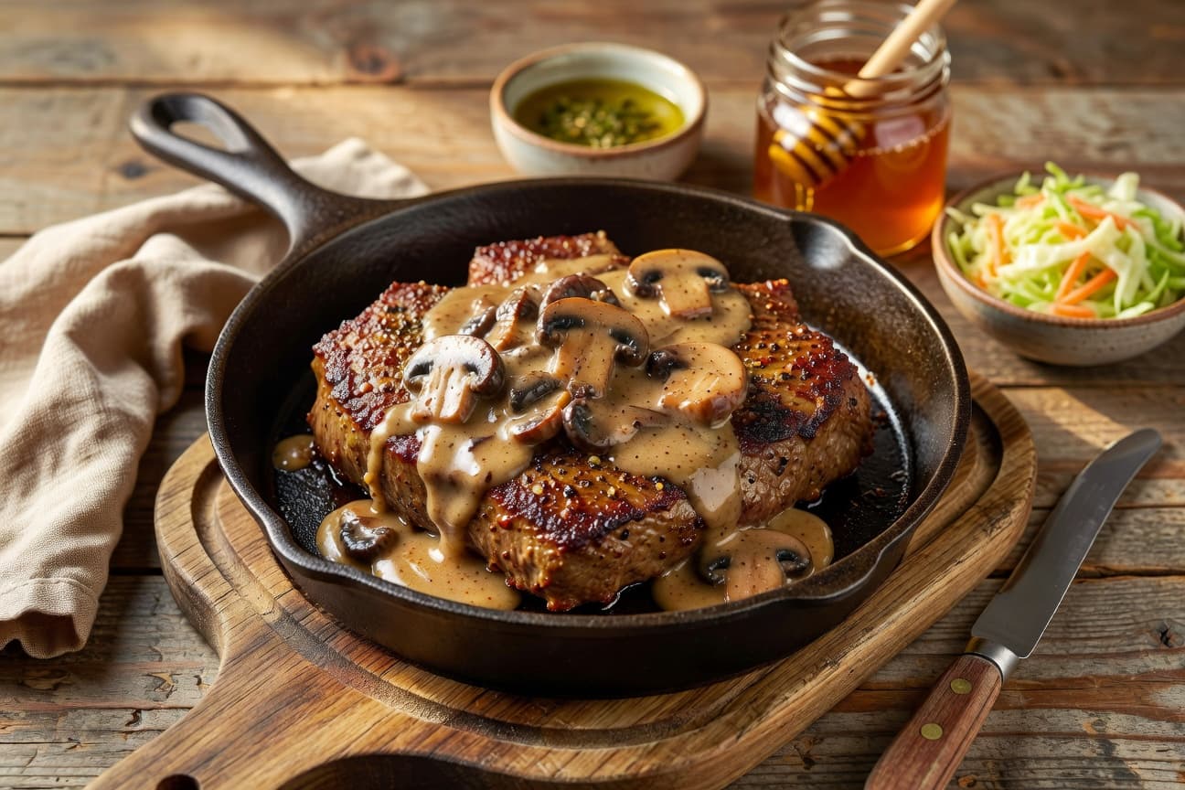 Pan-seared cube steak blanketed in creamy mushroom gravy — weeknight Southern comfort at its finest.
