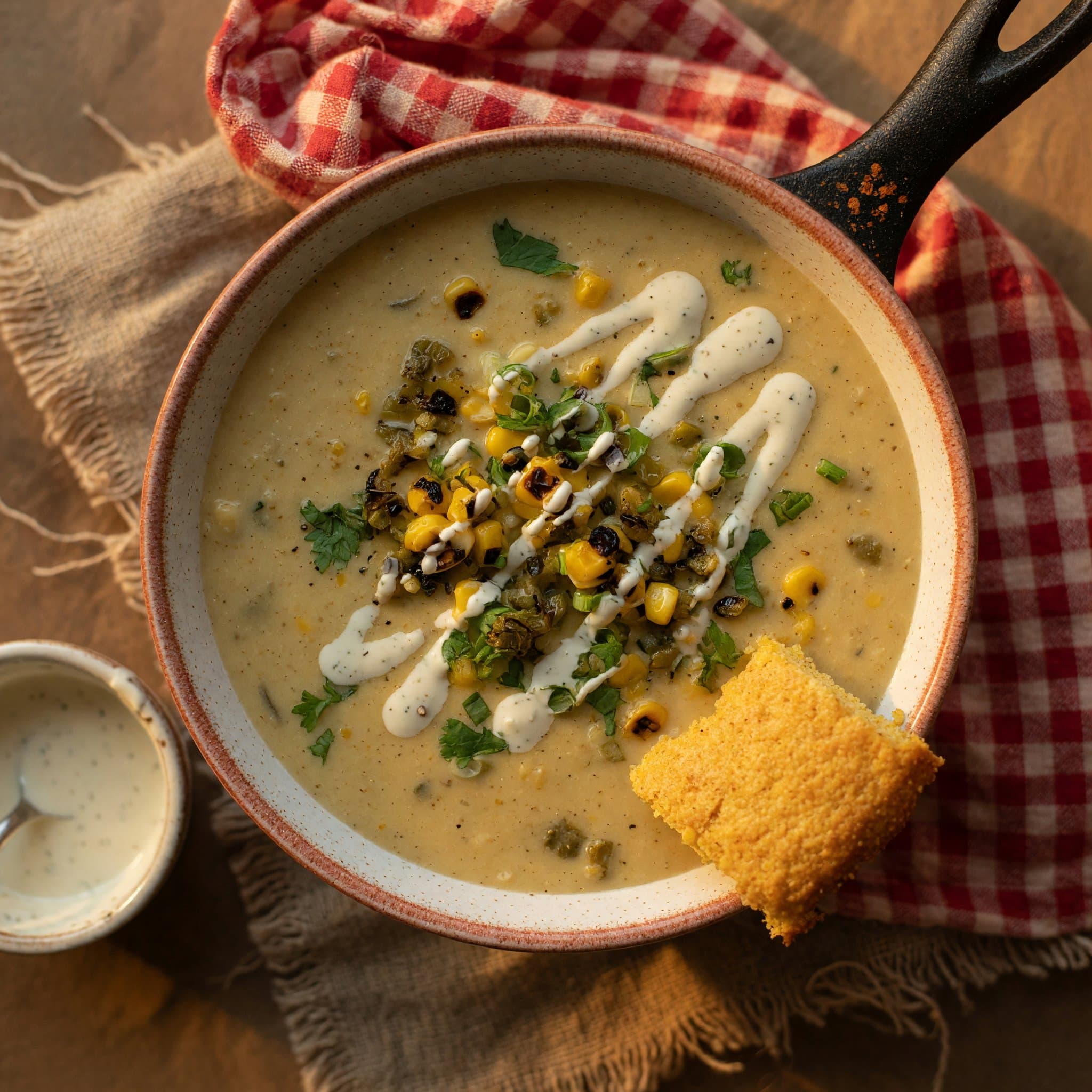 A steaming bowl of corn chowder flecked with roasted green chile.