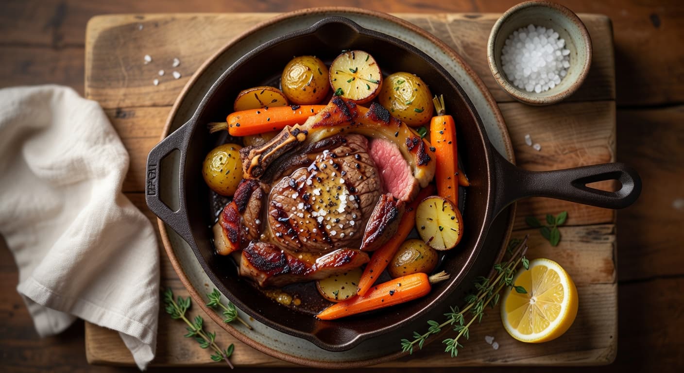 Pan-seared ribeye with herb butter pooling over the crust, alongside golden roasted potatoes and honey-glazed carrots.