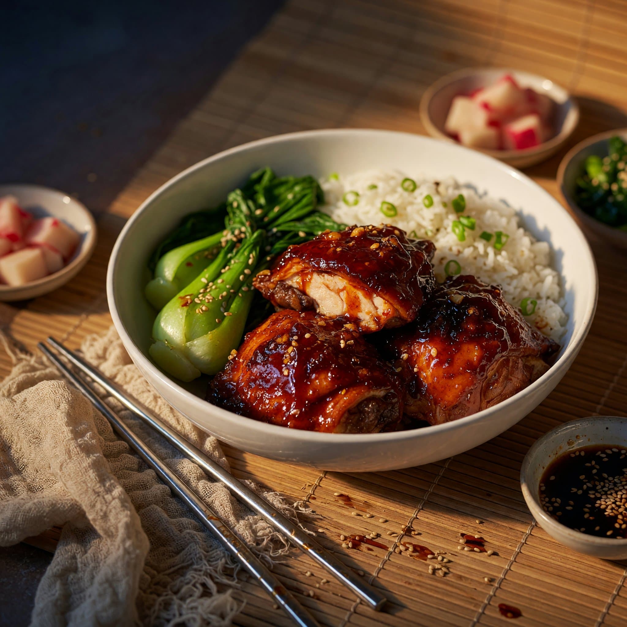 Gochujang-glazed chicken thighs, lacquered and dark, next to bright green steamed bok choy.