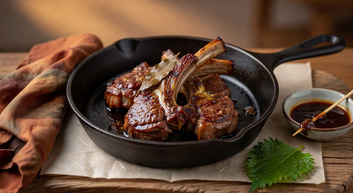 Pan-seared lamb chops glazed in miso butter, finished with scallions and sesame seeds.