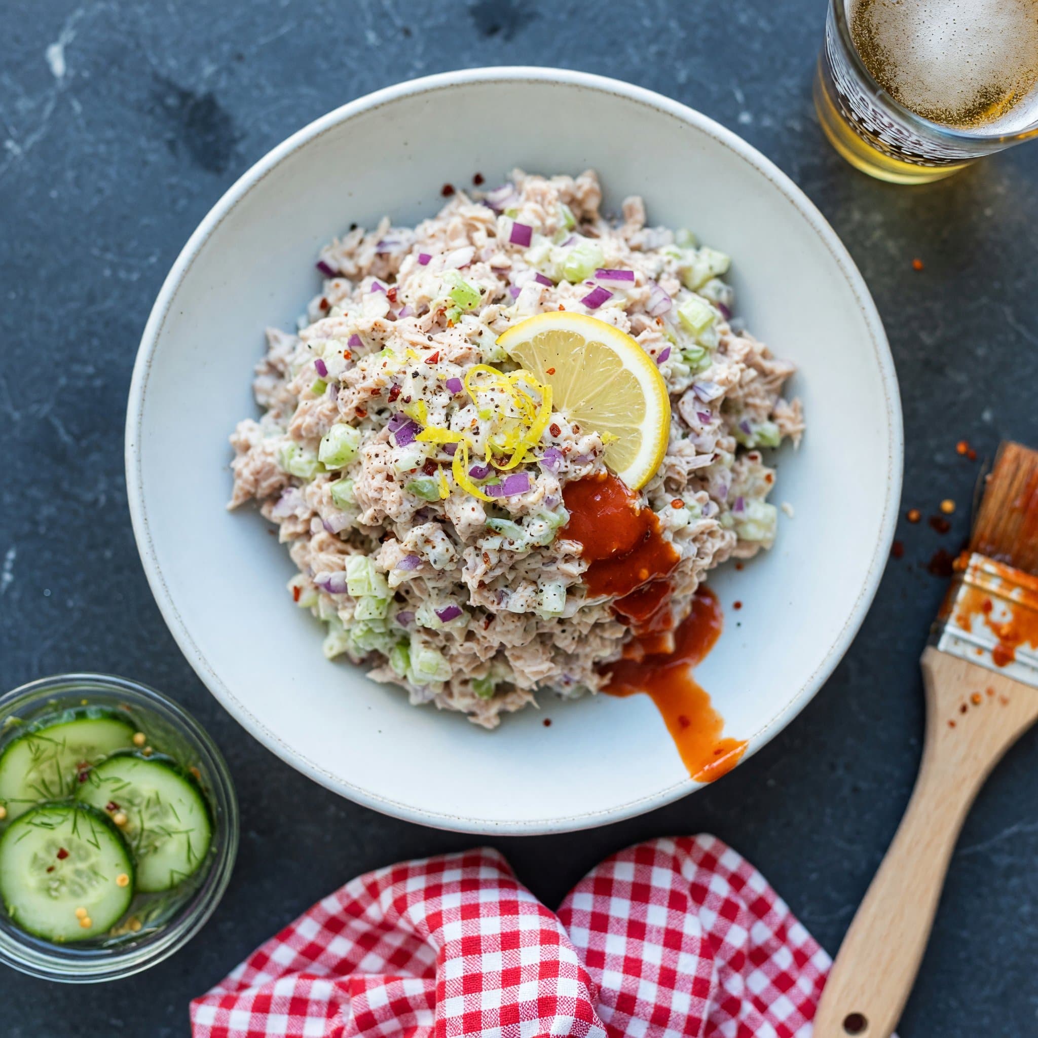 A bowl of tuna salad, cold and ready for the table.